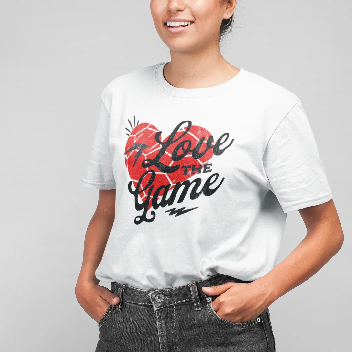 Soccer game day t-shirt with “Love the Game” lettering and heart graphic, soccer fan shirt gift idea