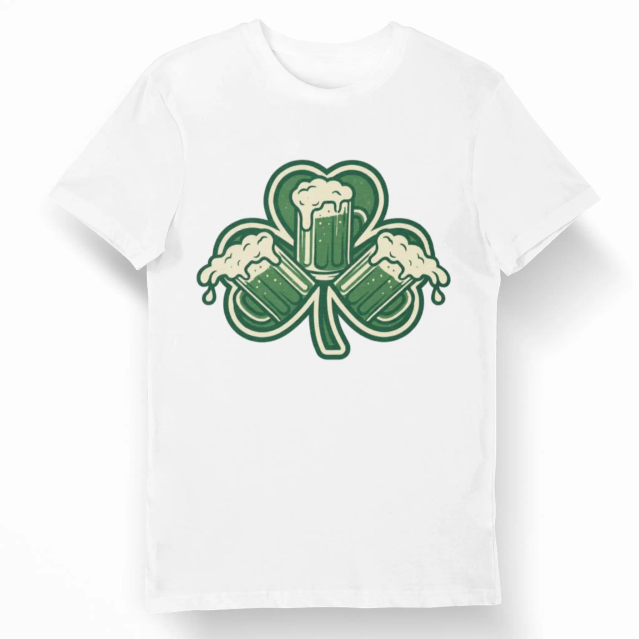 White Irish themed shirt with shamrock and beer mugs graphic, St. Patrick’s Day bar crawl tee