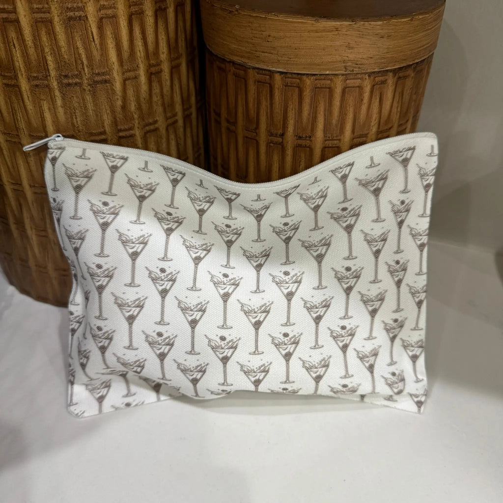 Martini glass makeup bag in white canvas with brown martini pattern - zipper pouch perfect for cosmetics and cocktail lovers

