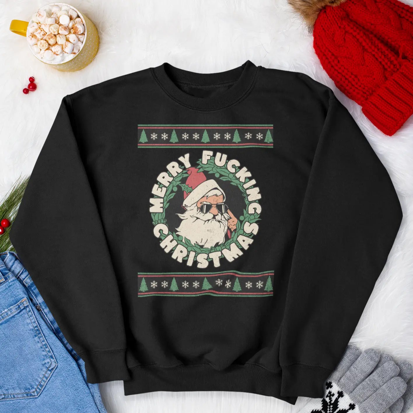 Black crewneck sweatshirt with sarcastic Santa graphic and “Merry Fucking Christmas” funny adult holiday design
