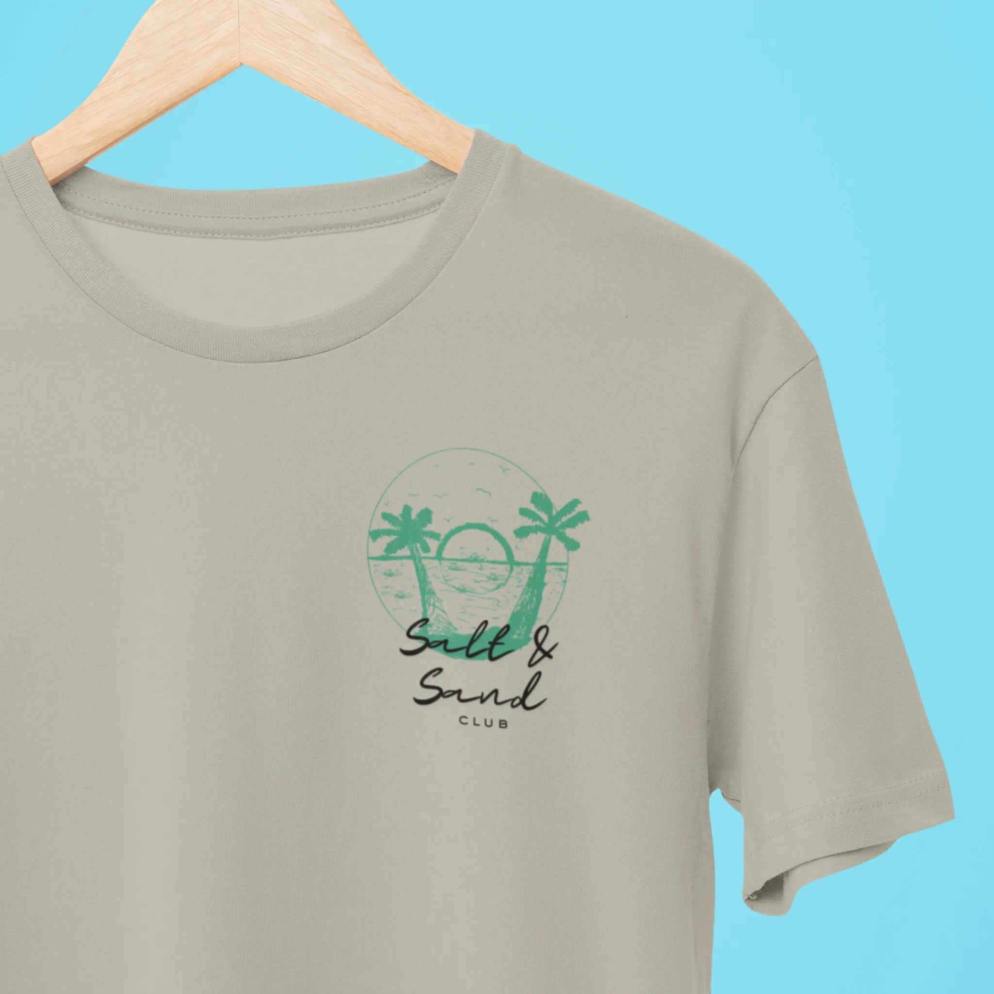 Palm tree sunset graphic tee with “Salt & Sand Club” text, relaxed beachy unisex t-shirt