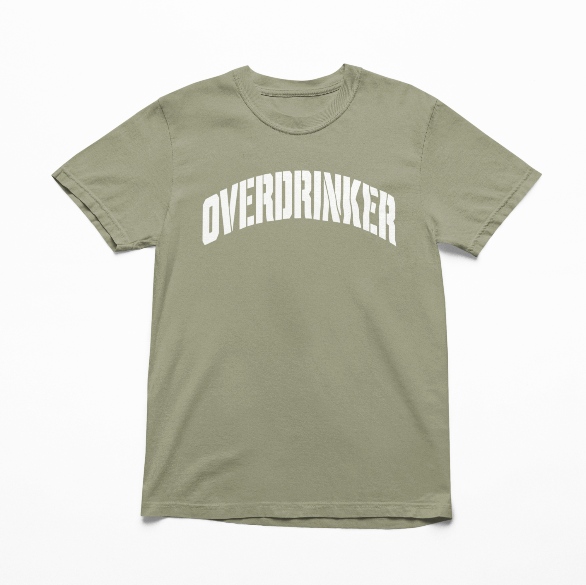 Sand Comfort Colors t-shirt that says “Overdrinker” in bold white font