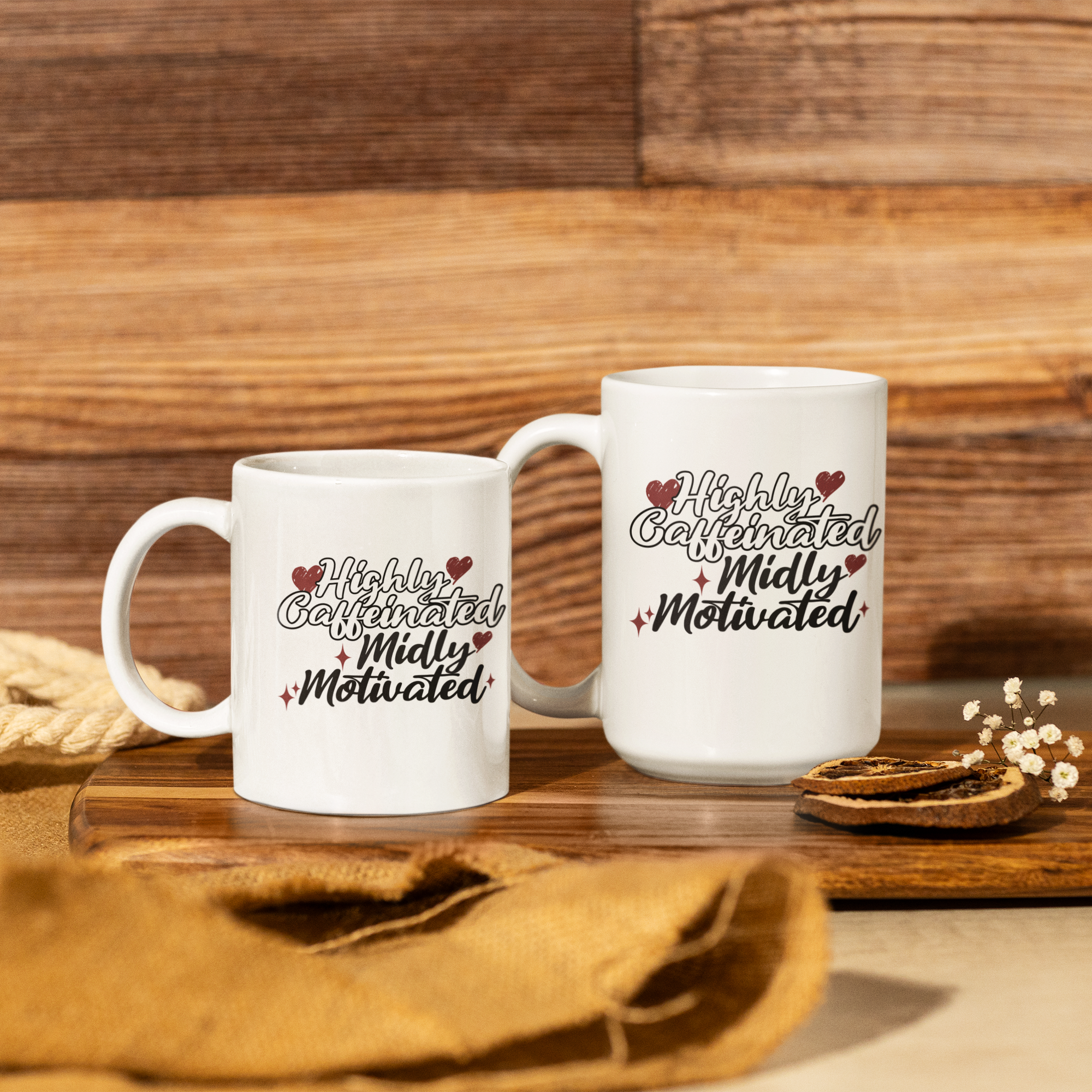 White Highly Caffeinated, Mildly Motivated coffee mug available in 11 oz and 15 oz sizes, featuring a durable ceramic design with bold lettering
