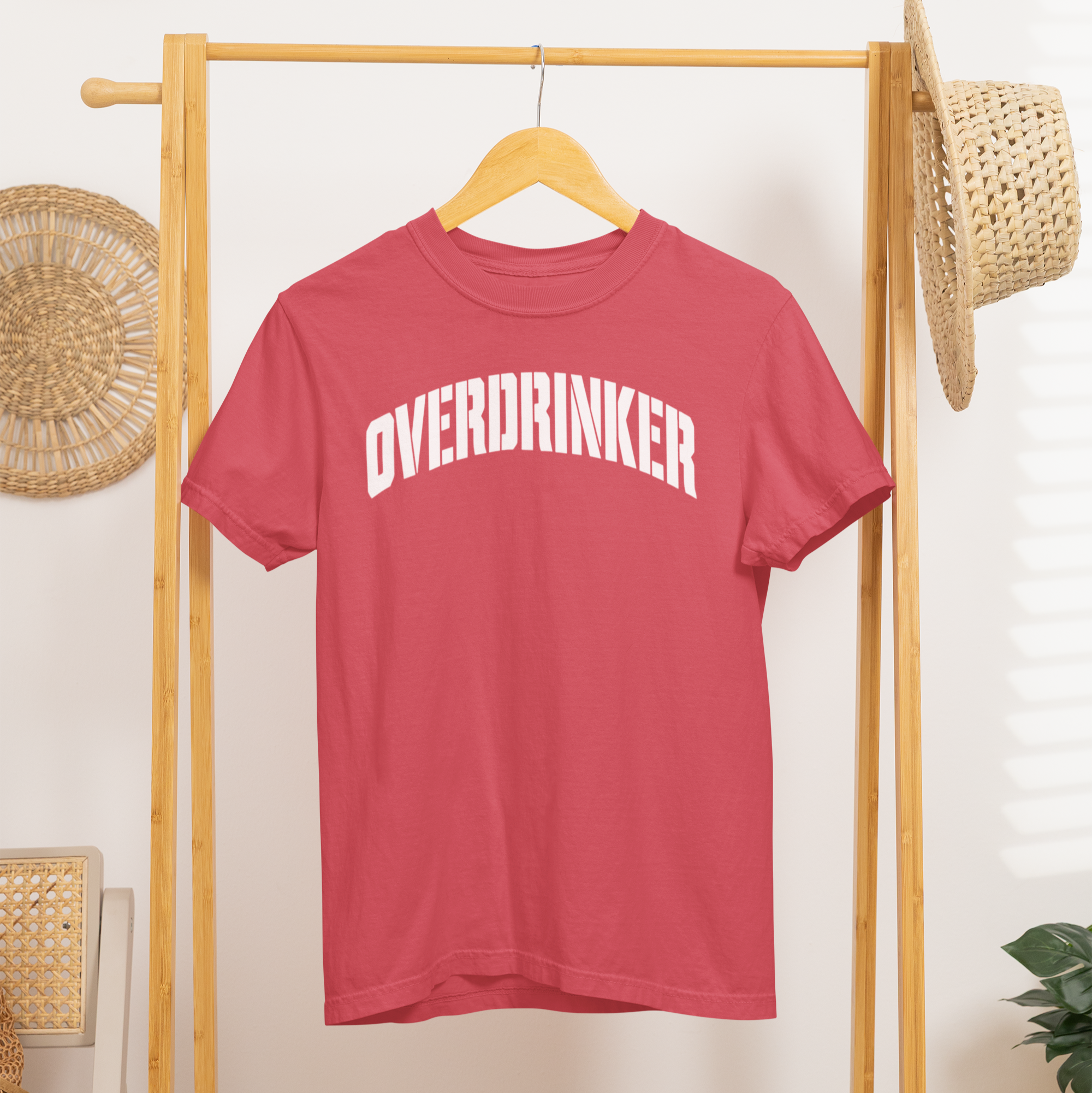 Paprika Comfort Colors t-shirt that says “Overdrinker” in bold white font