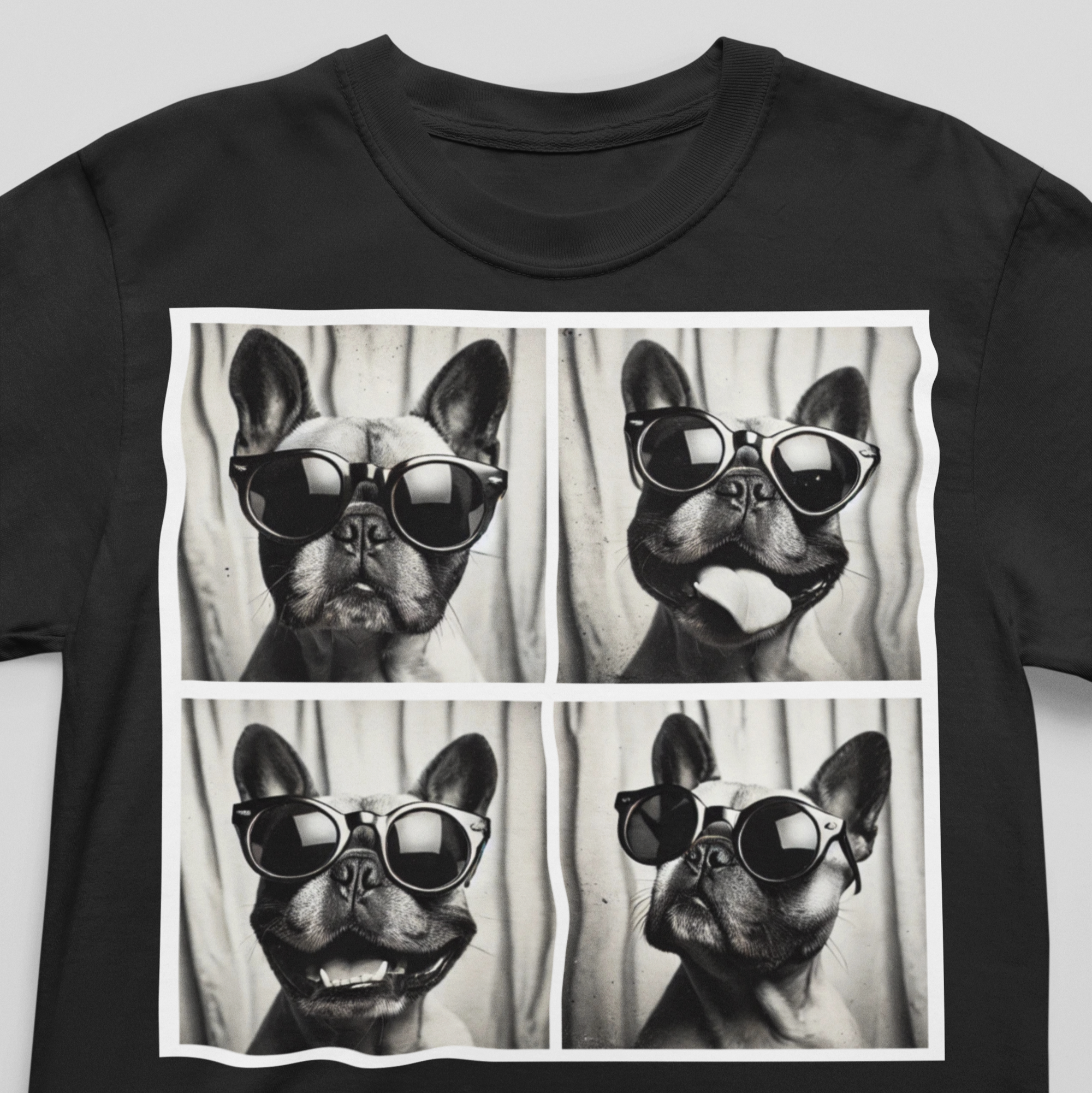 French Bulldog photo booth collage tee with black-and-white sunglasses design on a soft black shirt.