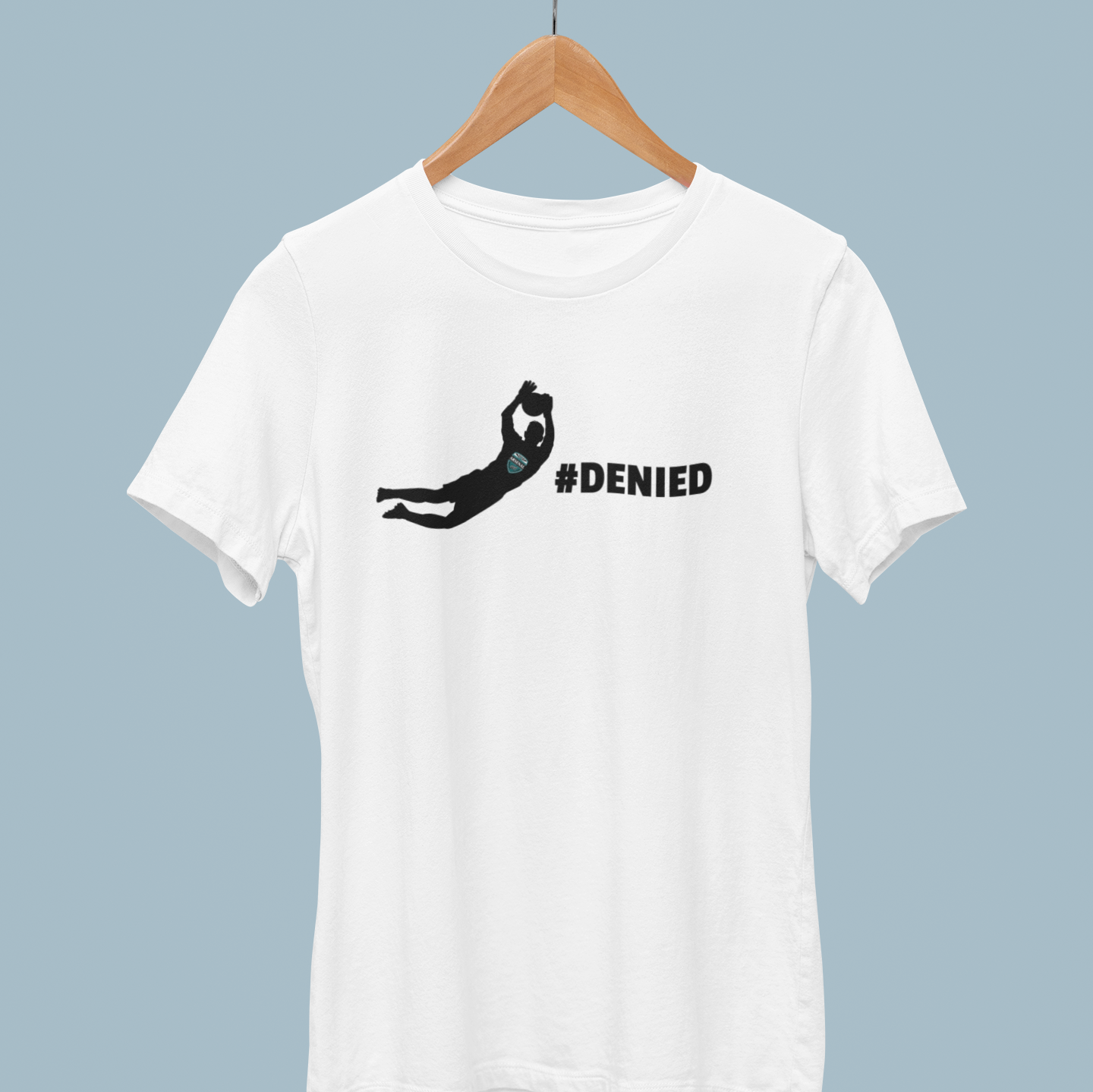white Soccer-themed shirt featuring a diving goalkeeper and the hashtag #DENIED, perfect for soccer lovers and goalkeepers
