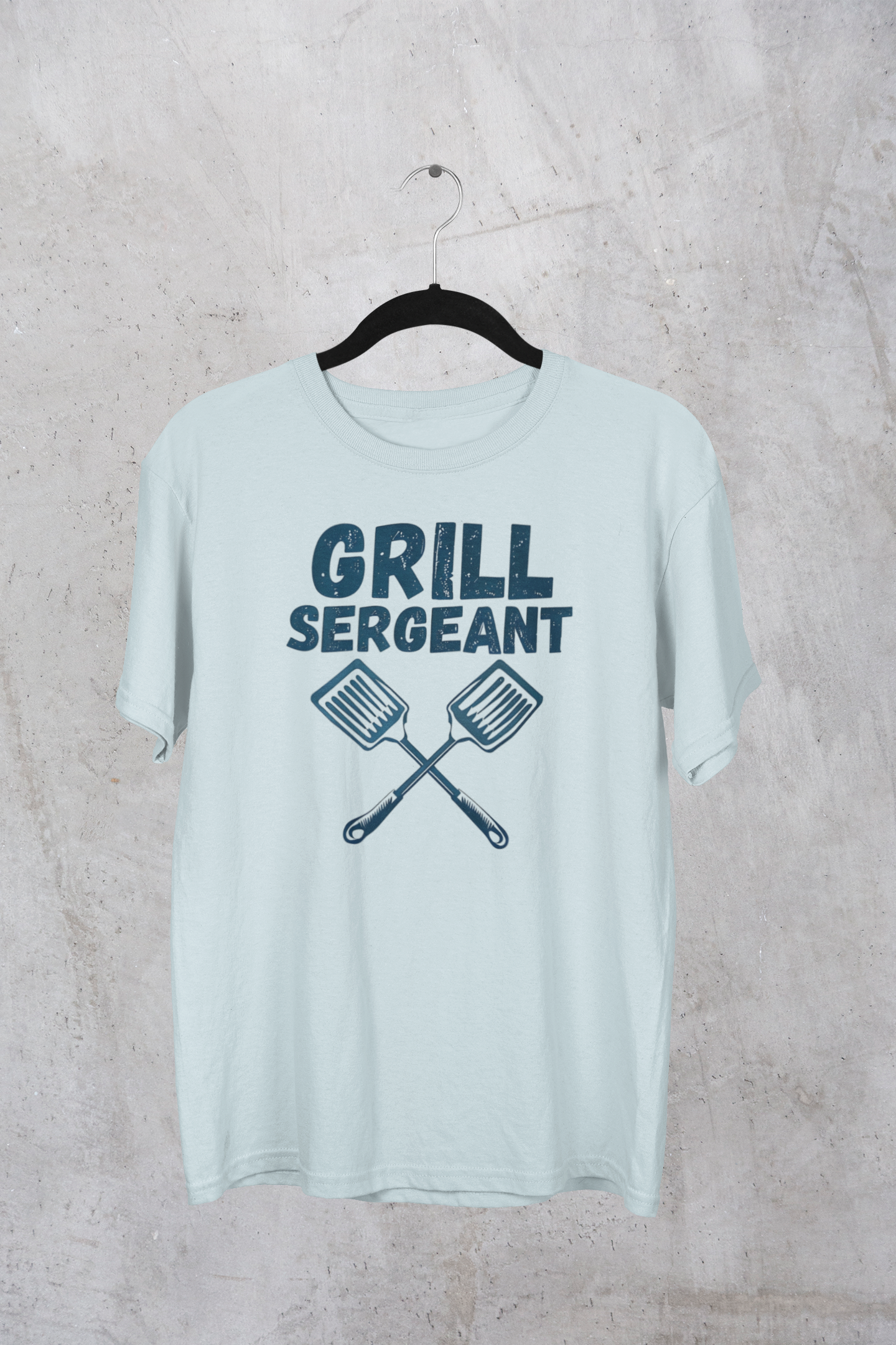 Light blue t-shirt with “Grill Sergeant” text and crossed spatula design
