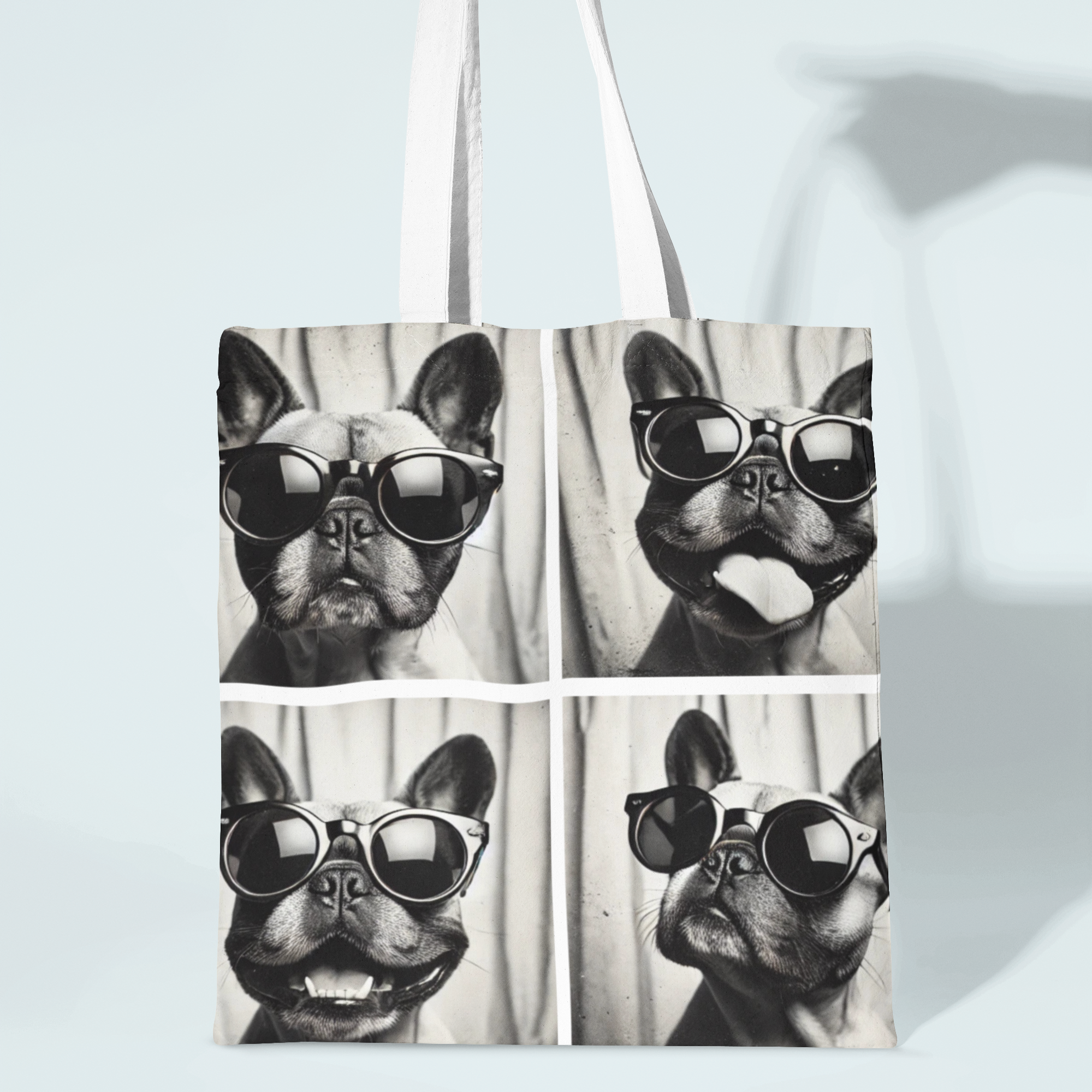 holding a French Bulldog photo booth print cotton tote bag, 16x14 inches, perfect for everyday use with a side of attitude.