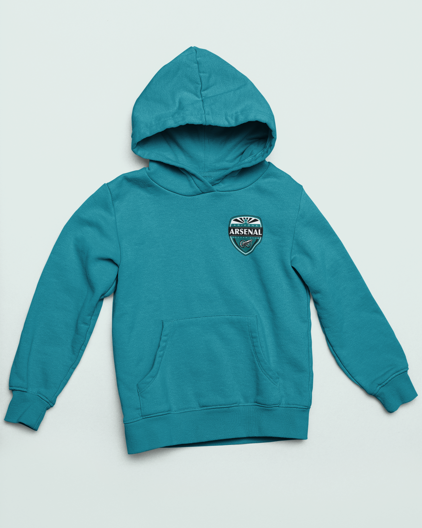 front view teal Customizable soccer team hoodies featuring team logo, player name, and number with color-matched flag and text, perfect for soccer fans and players
