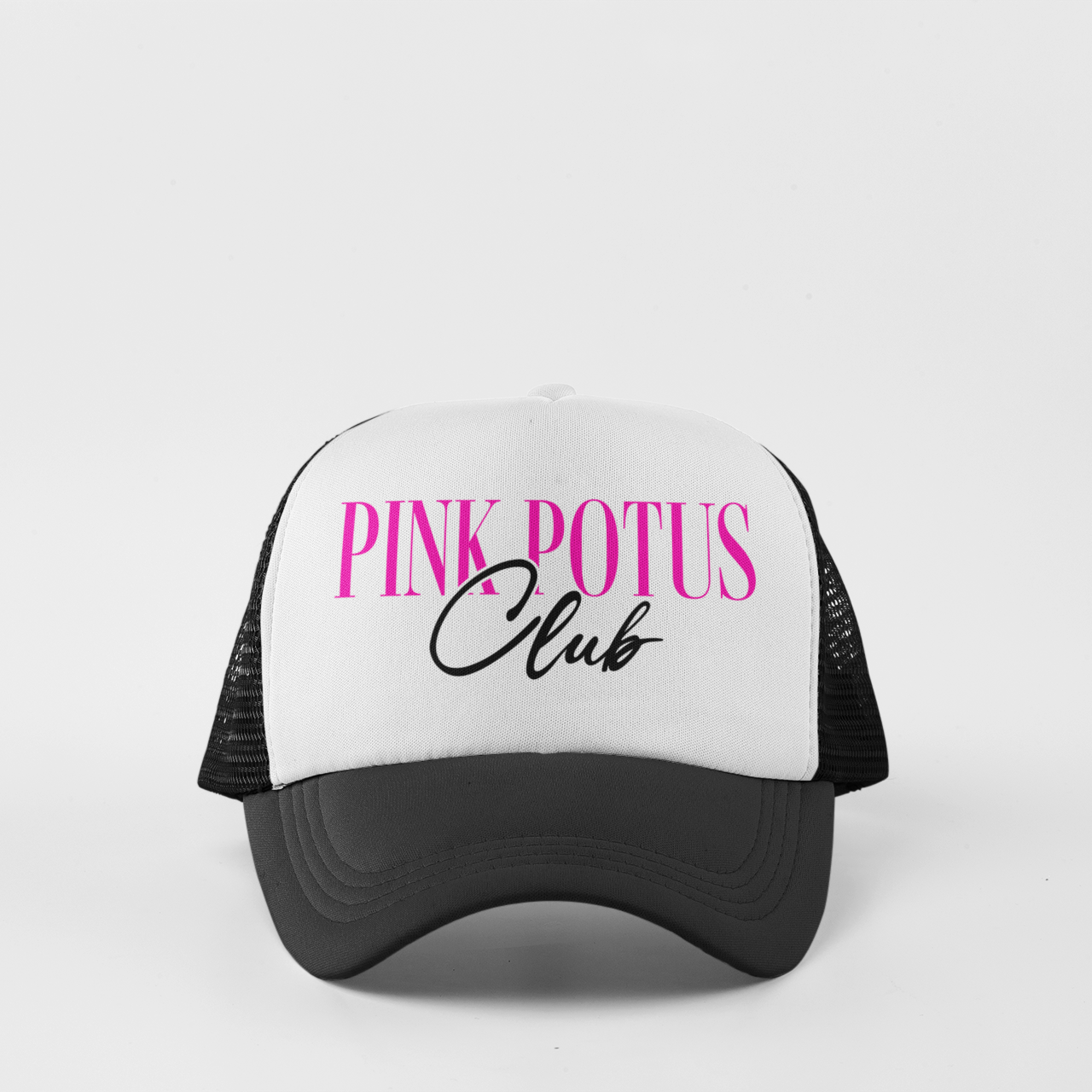 black 'Pink POTUS Club' foam trucker hat with bold pink and black text, inspired by Pink Pony Club with a presidential twist.
