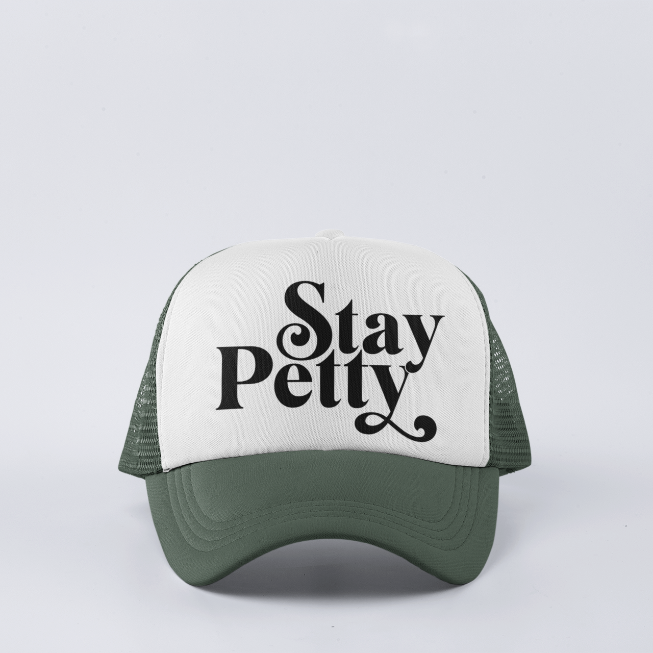 Dark Green funny trucker hat with ‘Stay Petty’ design, featuring a snapback closure and mesh back for comfort.