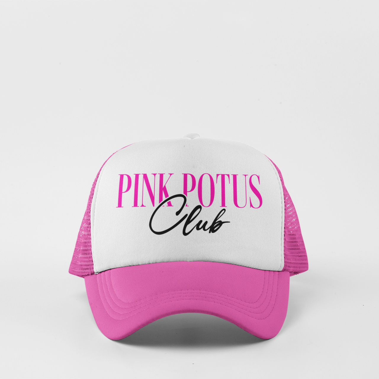 'Pink POTUS Club' foam trucker hat with bold pink and black text, inspired by Pink Pony Club with a presidential twist.
