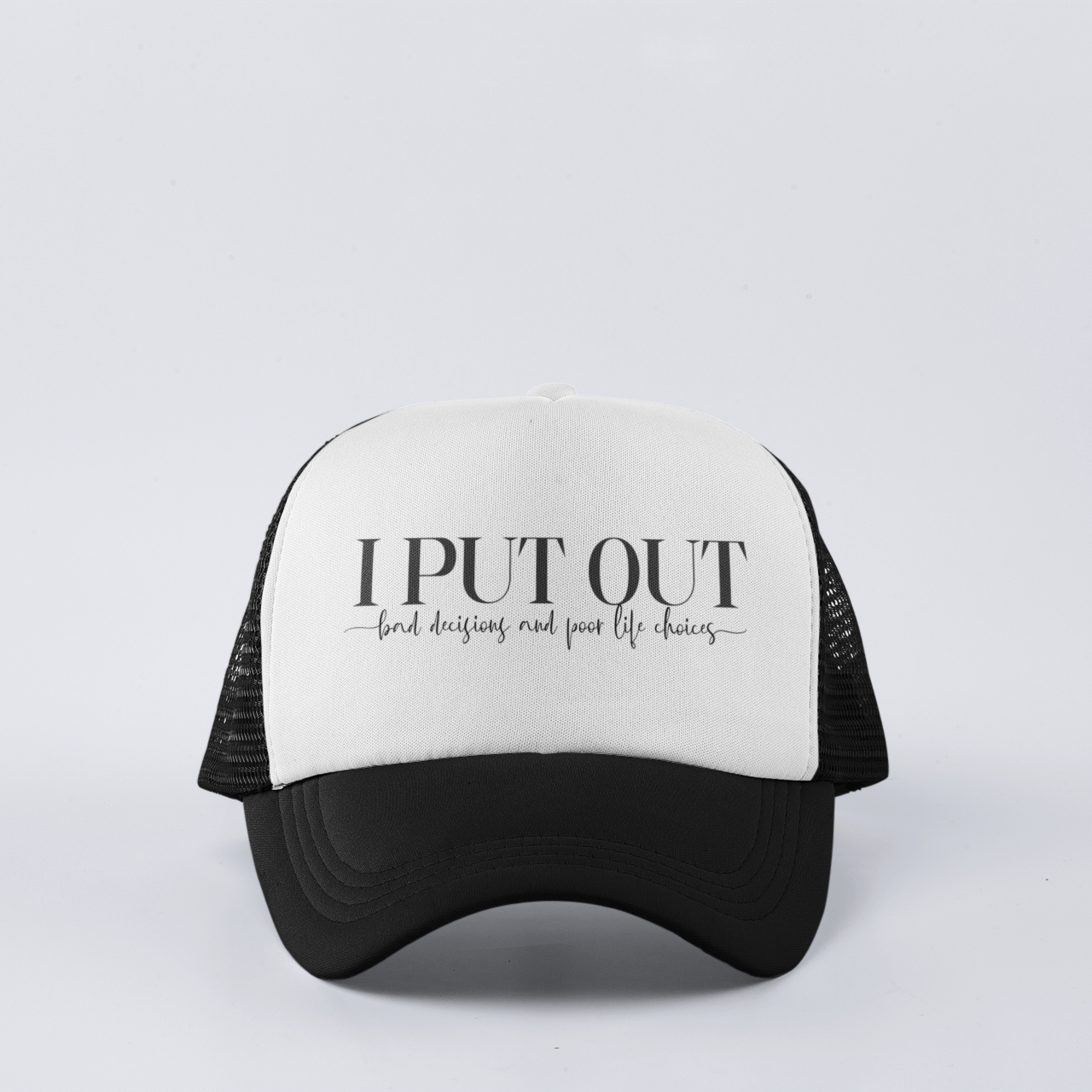 Black Funny trucker hat with ‘I Put Out’ phrase, featuring mesh back and snapback closure.