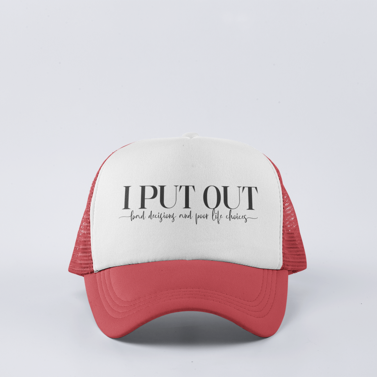 Red Funny trucker hat with ‘I Put Out’ phrase, featuring mesh back and snapback closure.