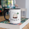 Funny 15 oz coffee mug with cartoon tea bag and “It’s My Anxie-Tea” mental health quote with black handles