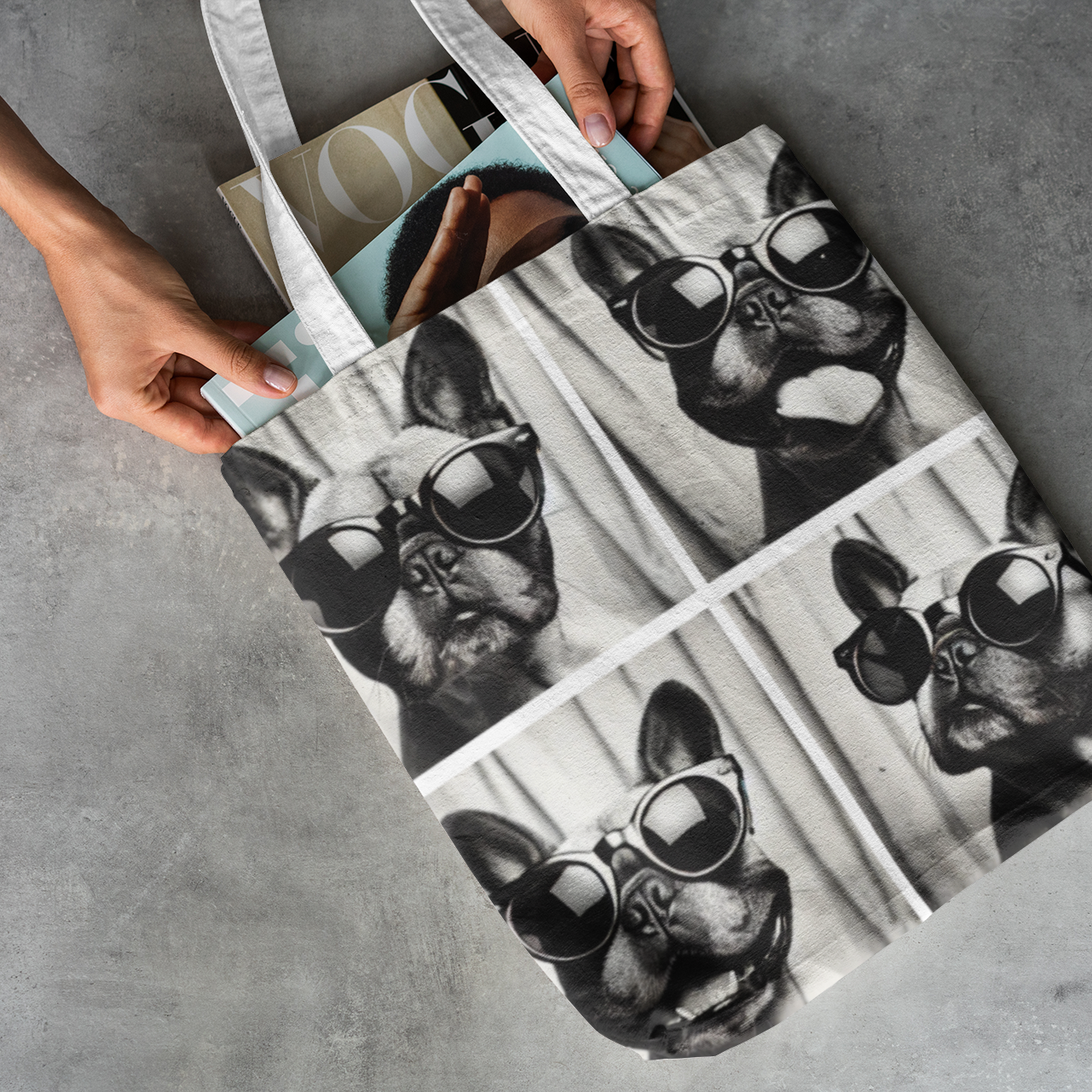 Tote with magazines French Bulldog photo booth print cotton tote bag, 16x14 inches, perfect for everyday use with a side of attitude.