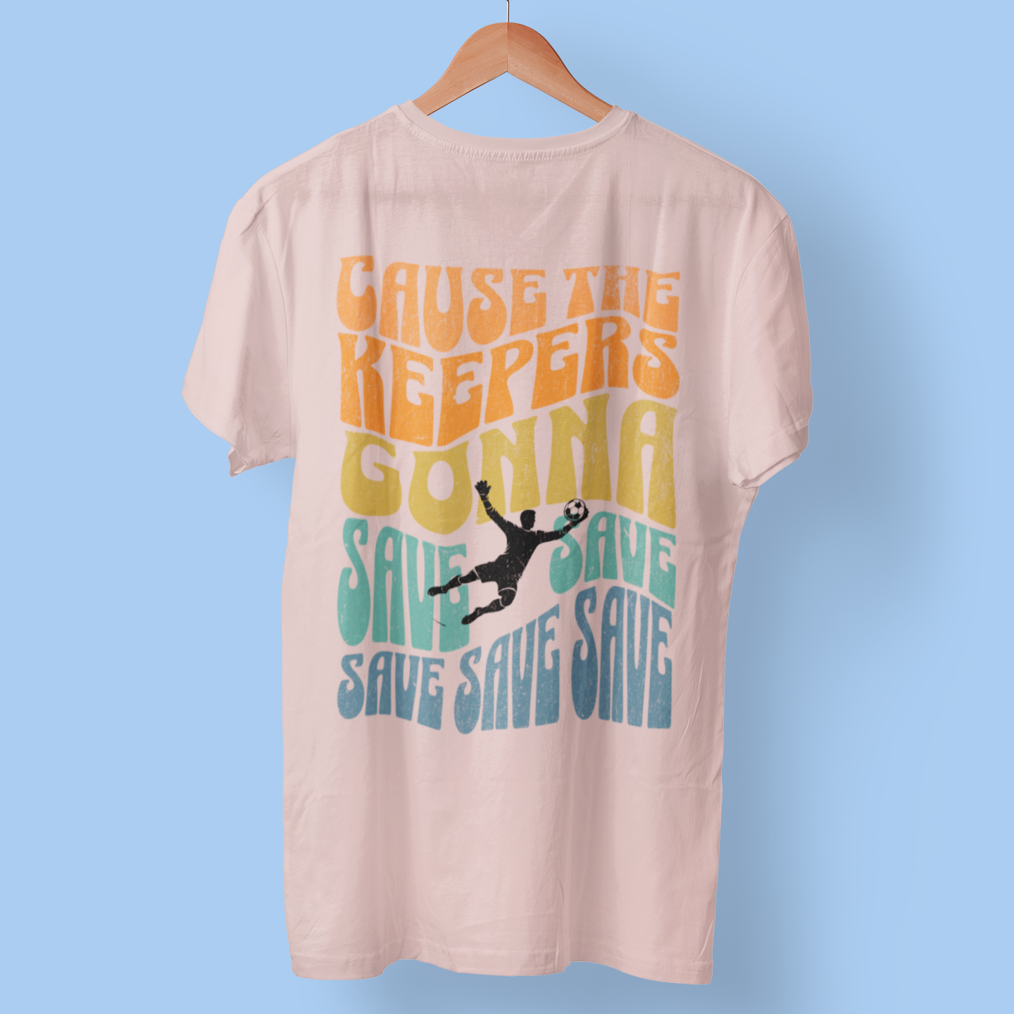 Pink Boy Goalkeeper-themed tee featuring the phrase 'Cause the Keepers Gonna Save' with a soccer player silhouette, inspired by Taylor Swift's lyrics