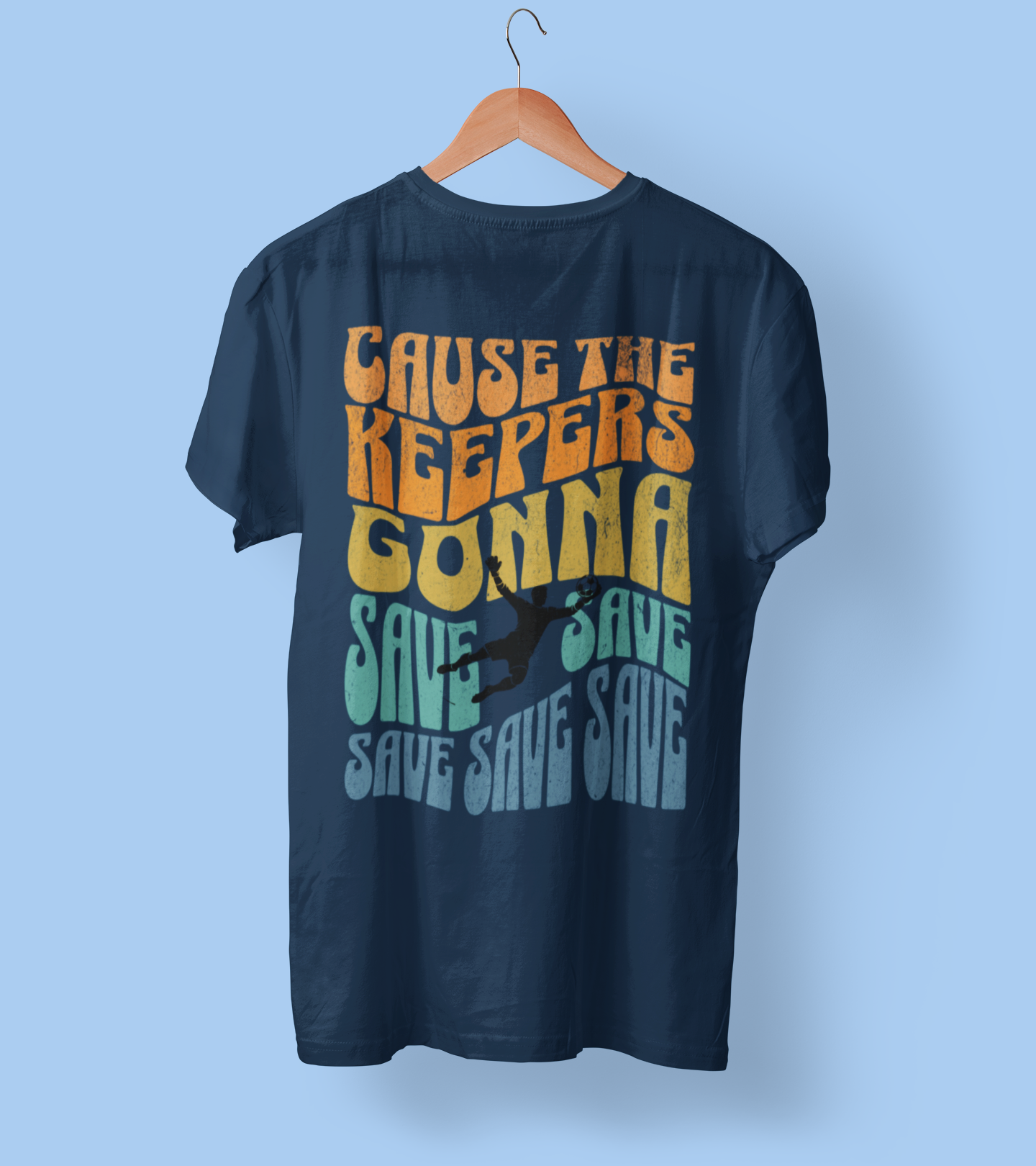 navy boy Goalkeeper-themed tee featuring the phrase 'Cause the Keepers Gonna Save' with a soccer player silhouette, inspired by Taylor Swift's lyrics