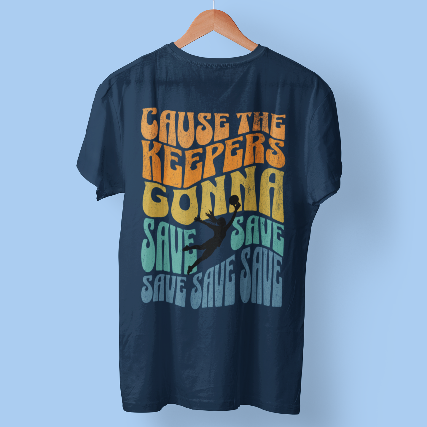 navy girl Goalkeeper-themed tee featuring the phrase 'Cause the Keepers Gonna Save' with a soccer player silhouette, inspired by Taylor Swift's lyrics