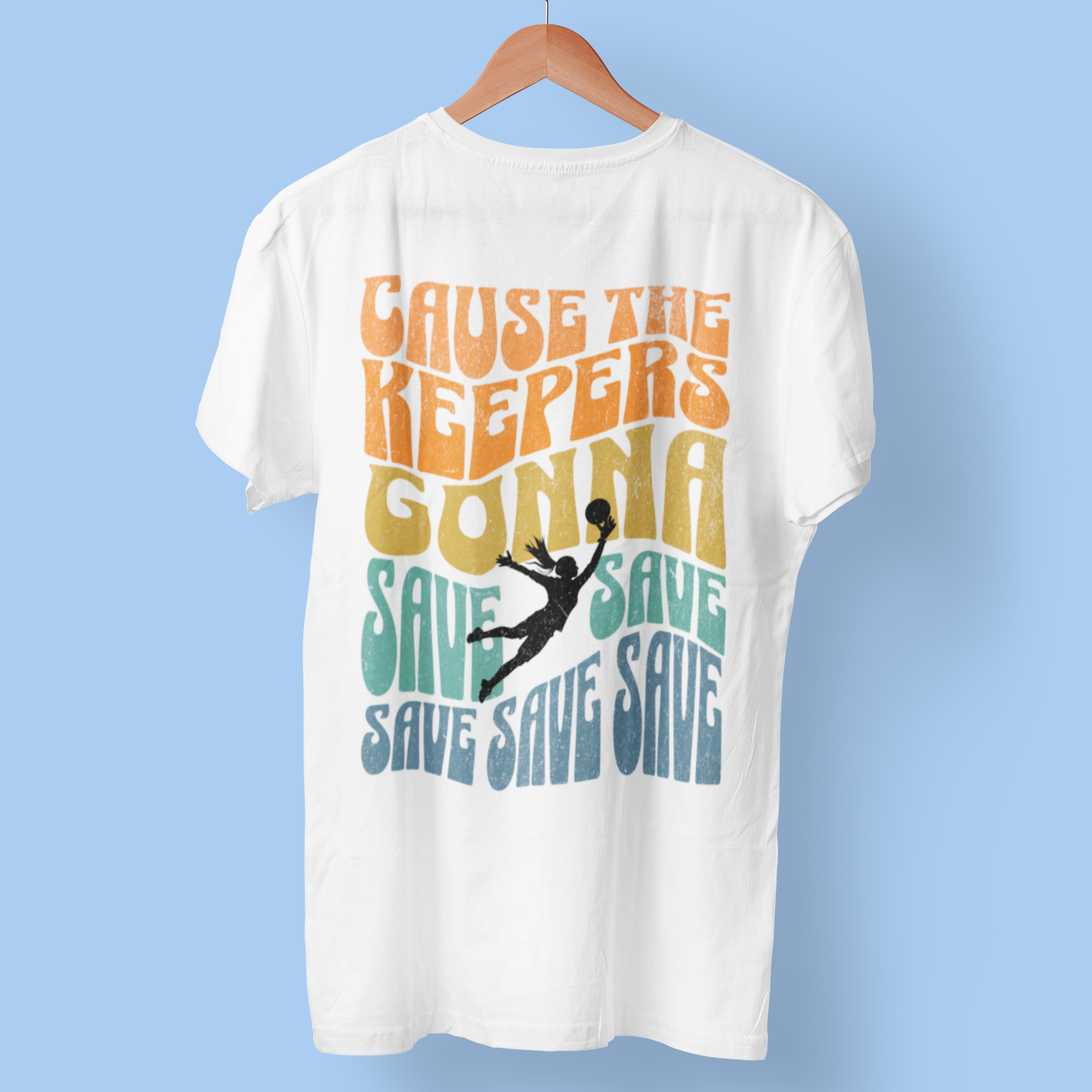 Goalkeeper-themed tee featuring the phrase 'Cause the Keepers Gonna Save' with a soccer player silhouette, inspired by Taylor Swift's lyrics