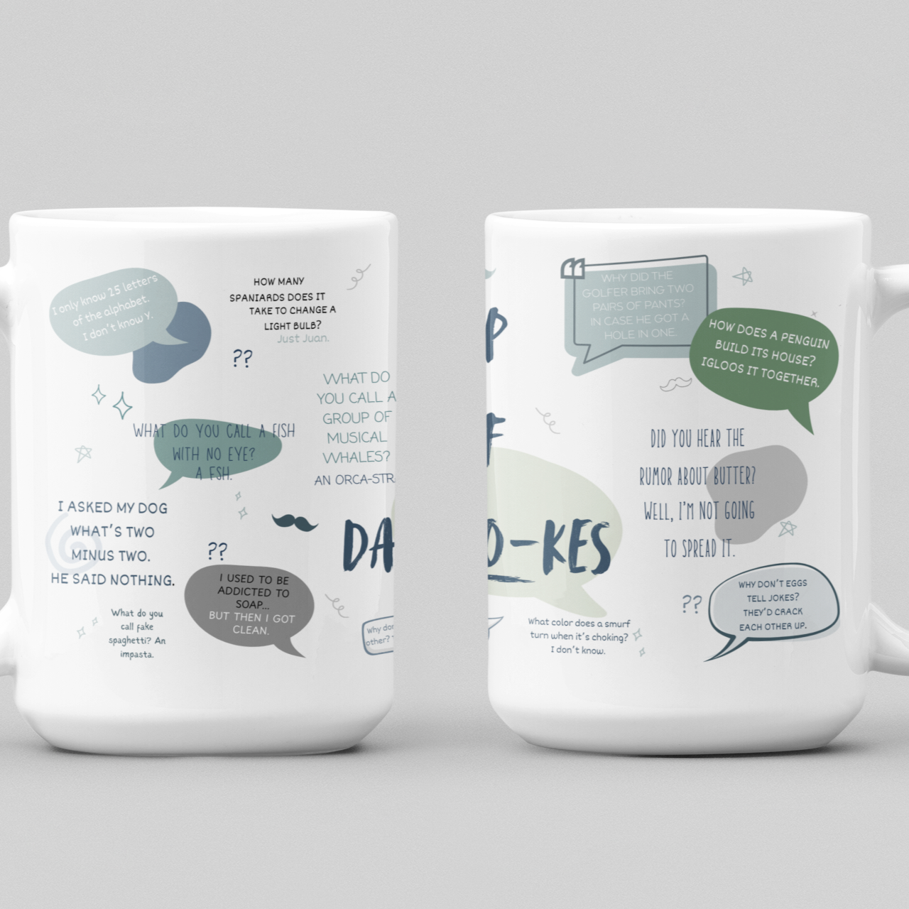 15 oz ceramic mug with “Cup of Dad Jokes” and illustrated dad pun two mugs