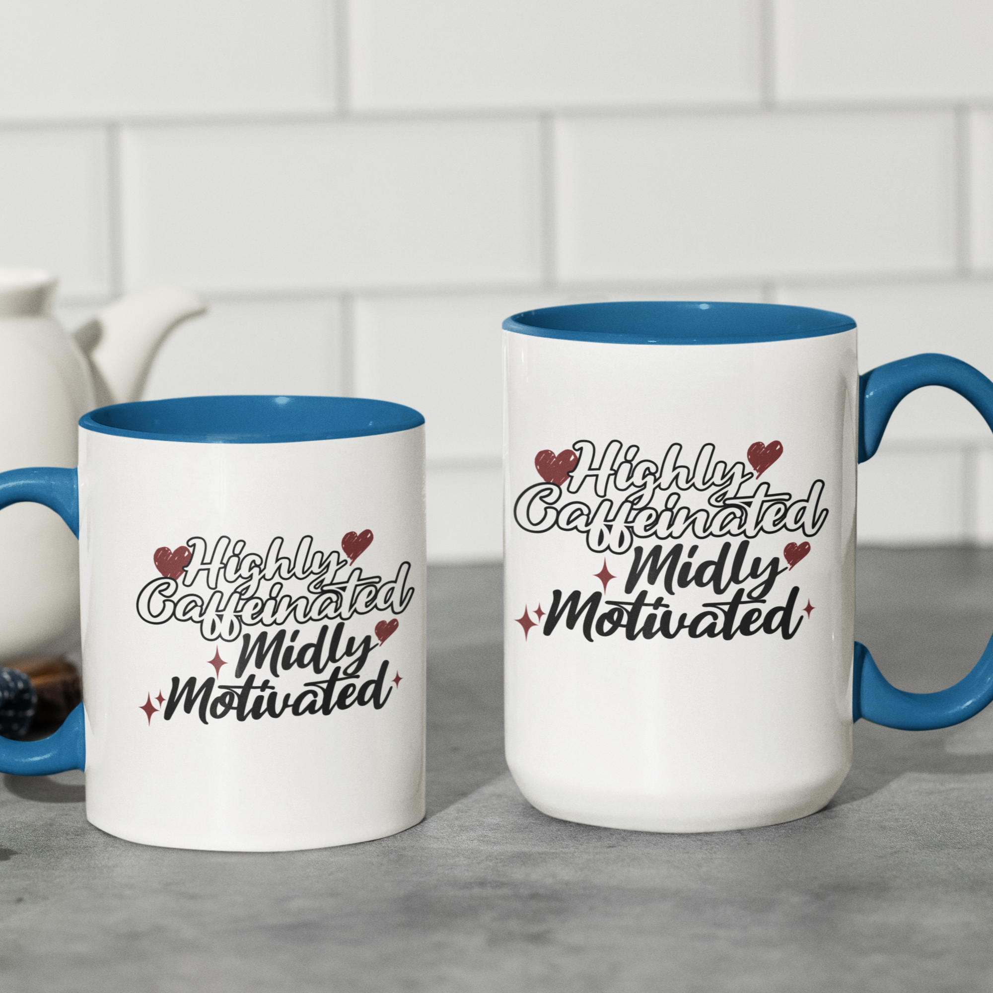 Blue Highly Caffeinated, Mildly Motivated coffee mug available in 11 oz and 15 oz sizes, featuring a durable ceramic design with bold lettering.