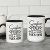 Black 'Sunshine Mixed with a Little F*** You' ceramic coffee mug, available in 11 oz and 15 oz sizes with bold graphic and blue handle