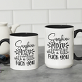 Side by side two-toned coffee mugs with colored handles - ceramic drinkware in multiple sizes for hot beverages and daily use