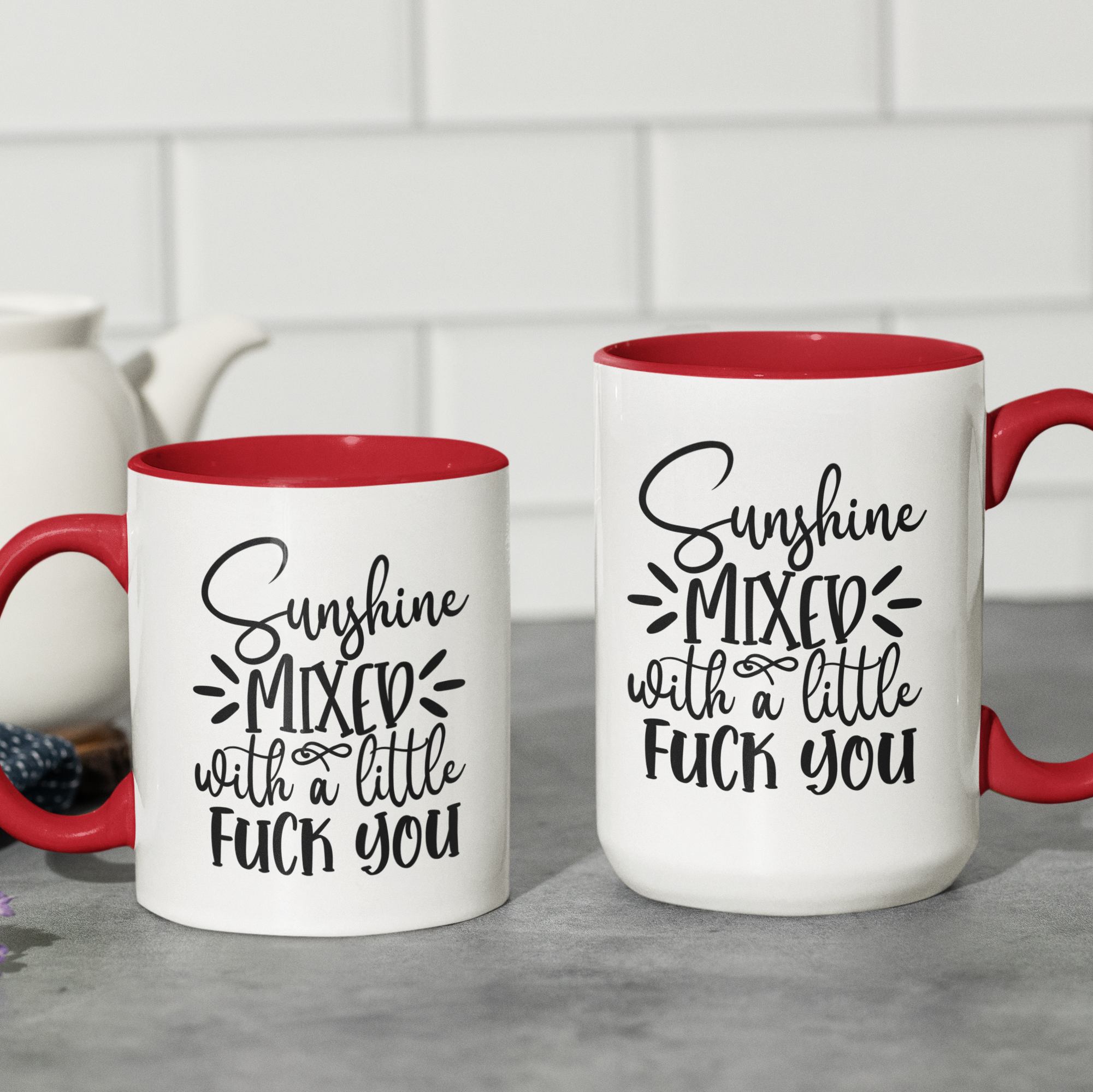 Red 'Sunshine Mixed with a Little F*** You' ceramic coffee mug, available in 11 oz and 15 oz sizes with bold graphic and blue handle