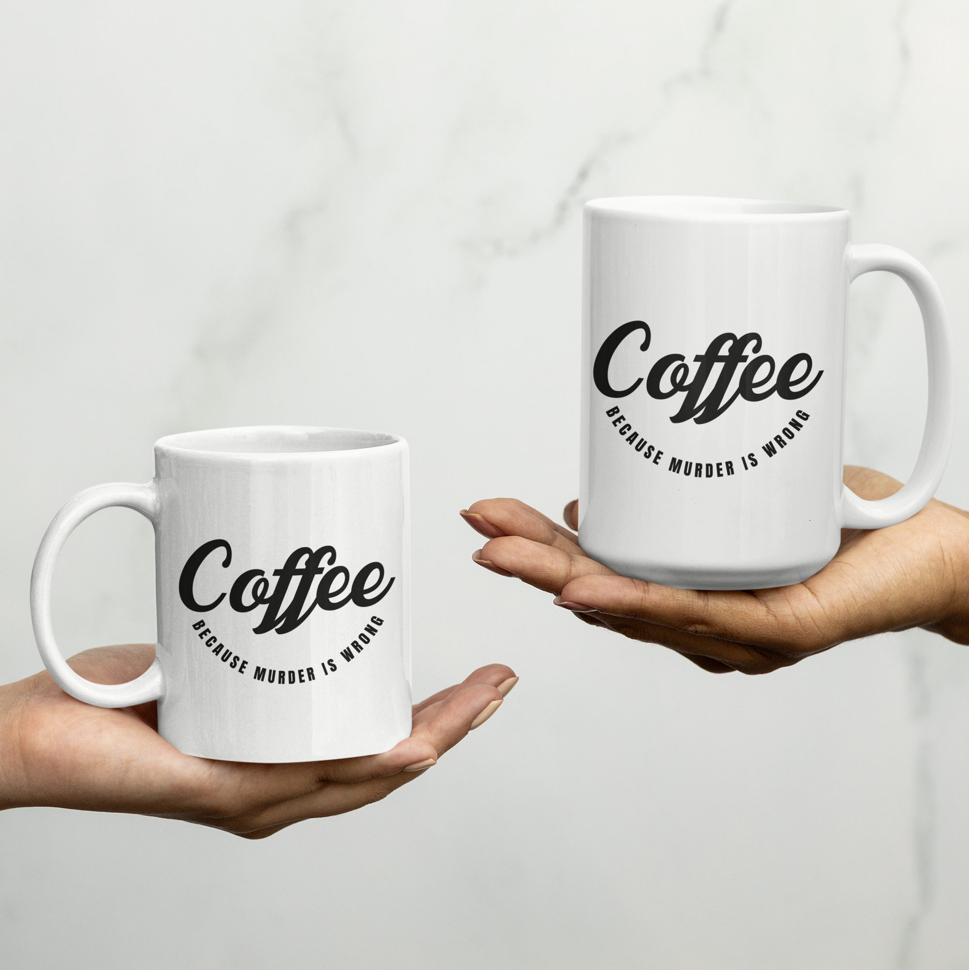 White Coffee Because Murder Is Wrong' ceramic mug with red handle and interior, available in 11 oz and 15 oz sizes, perfect for coffee lovers with a sense of humor.