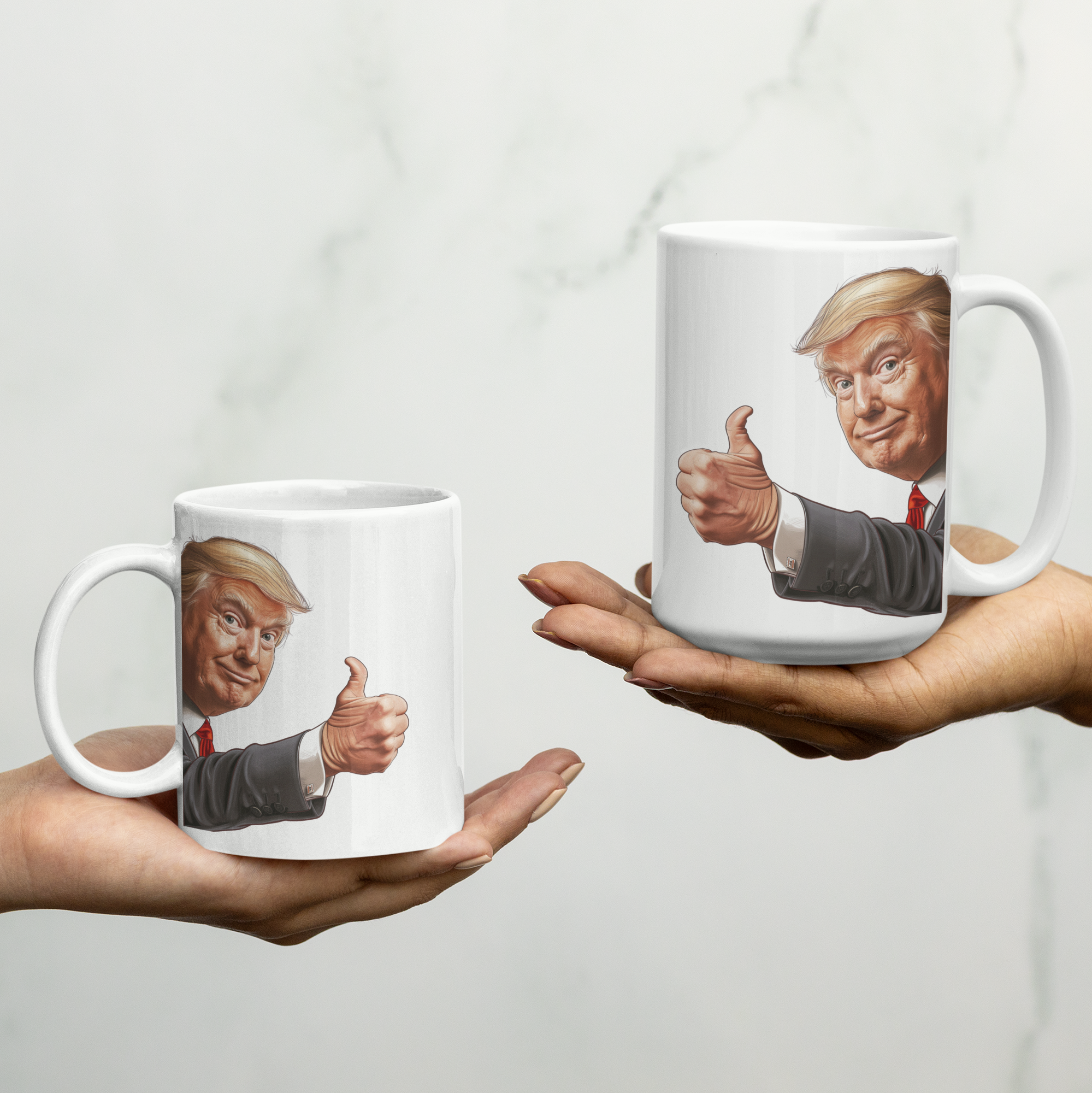 White Donald Trump thumbs-up graphic ceramic mug available in 11 oz and 15 oz sizes, featuring a durable design with blue handle and interior.