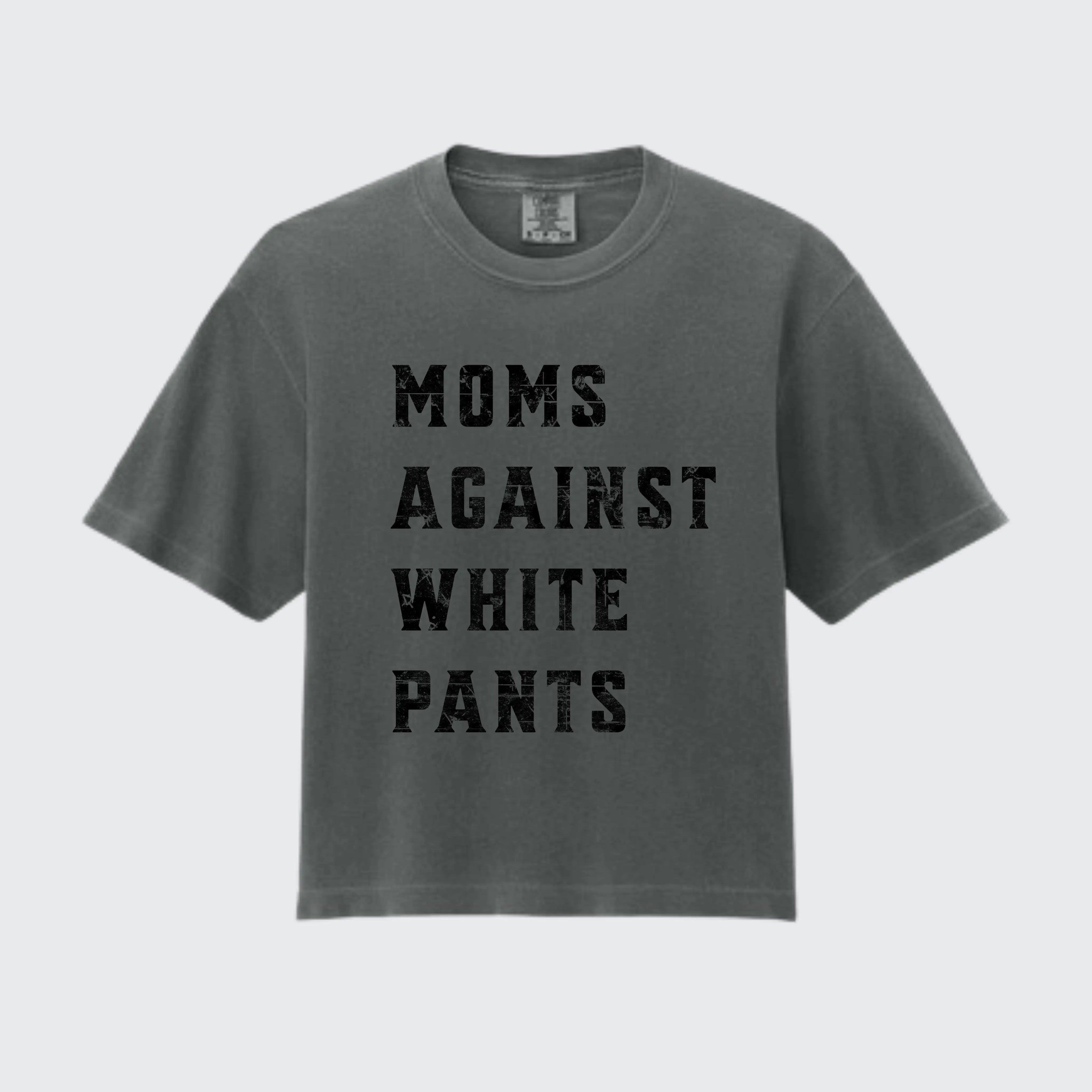 Pepper "Moms Against White Pants" boxy tee back lifestyle - baseball mom shirt for those who've scrubbed dirt and regret