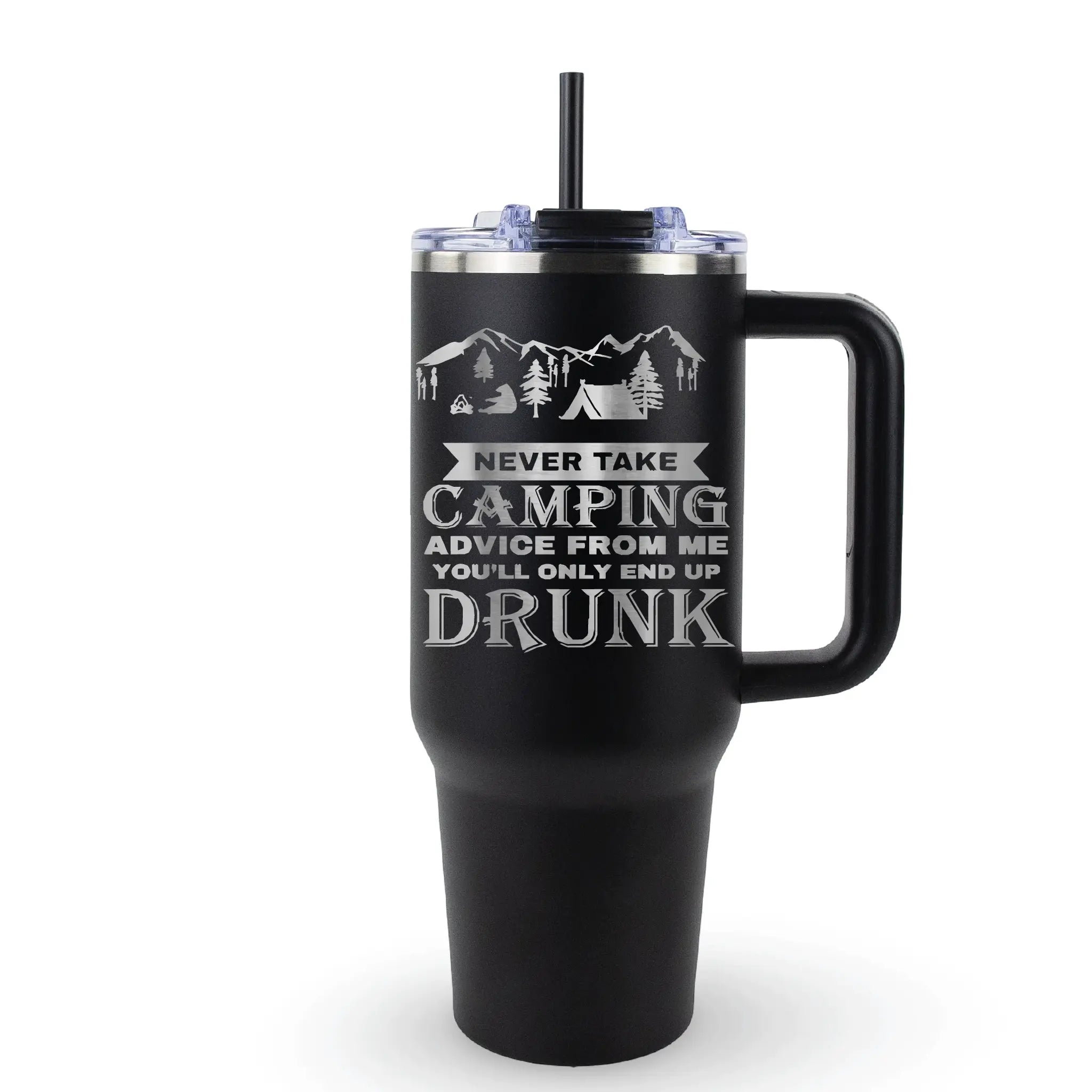 Funny camping 40 oz tumbler with outdoor mountains design and sarcastic camping advice drinking joke