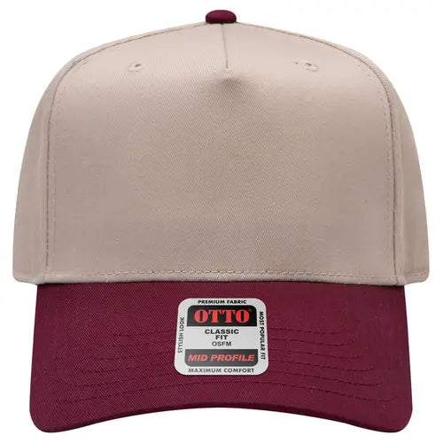 Beige and maroon cap with Otto label on a white background