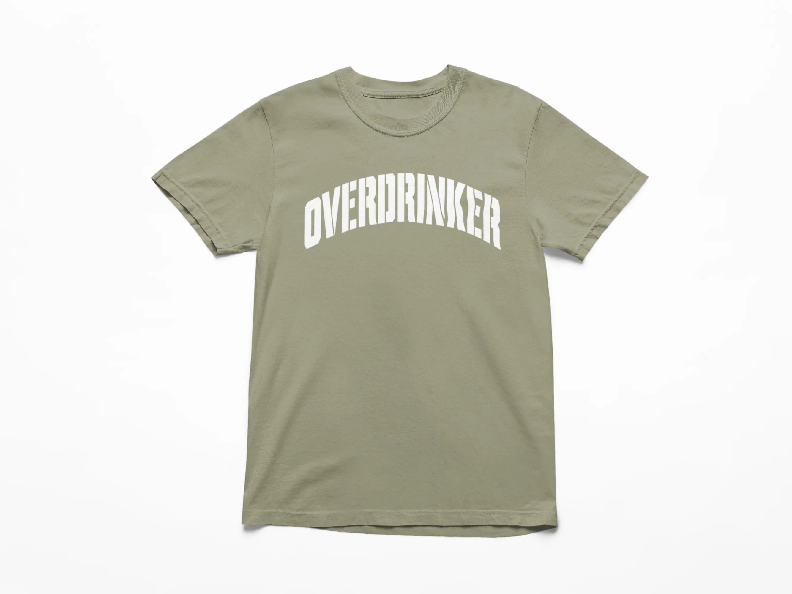 Green t-shirt with 'OVERDRINKER' text on a white background