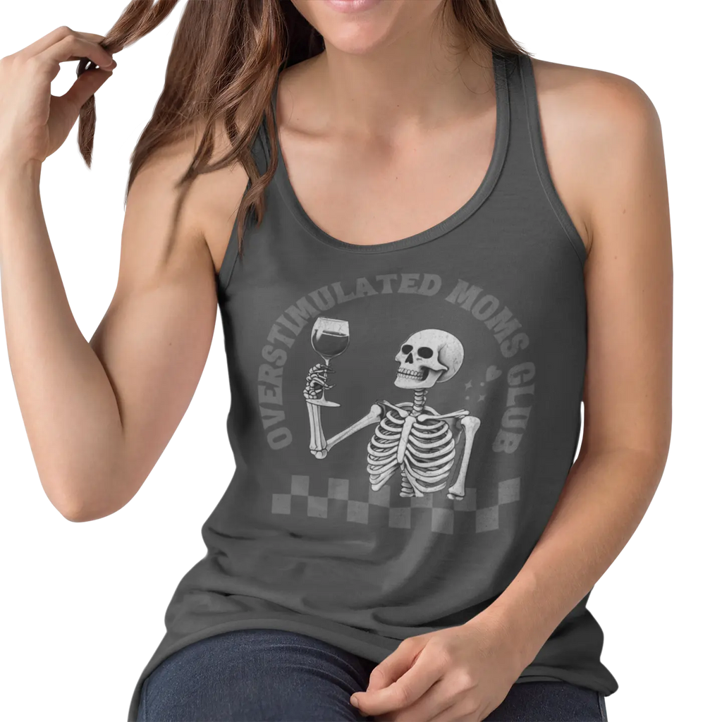 Overstimulated Moms Club Racerback Tank worn by tired mom - Funny exhausted mom humor apparel - After Five Designs