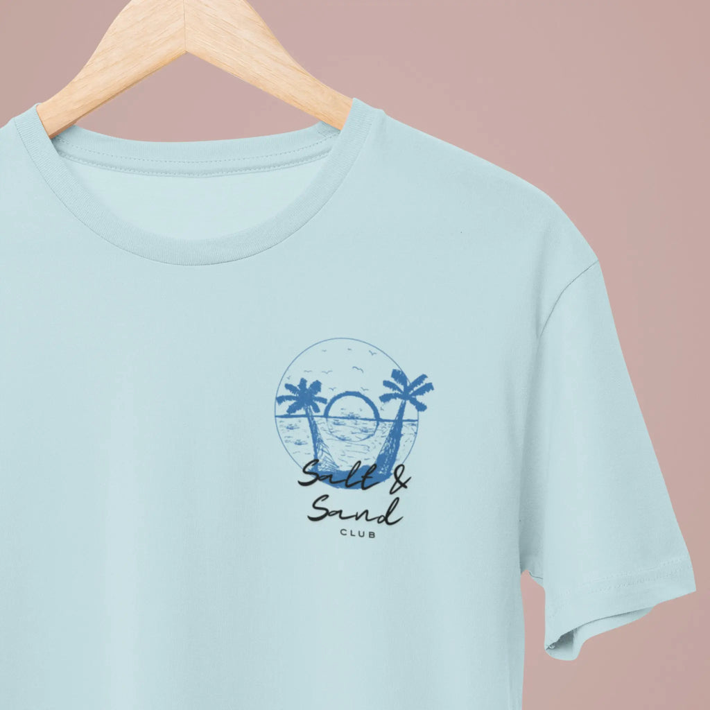 Blue beach t-shirt with “Salt & Sand Club” logo style design, coastal aesthetic summer outfit
