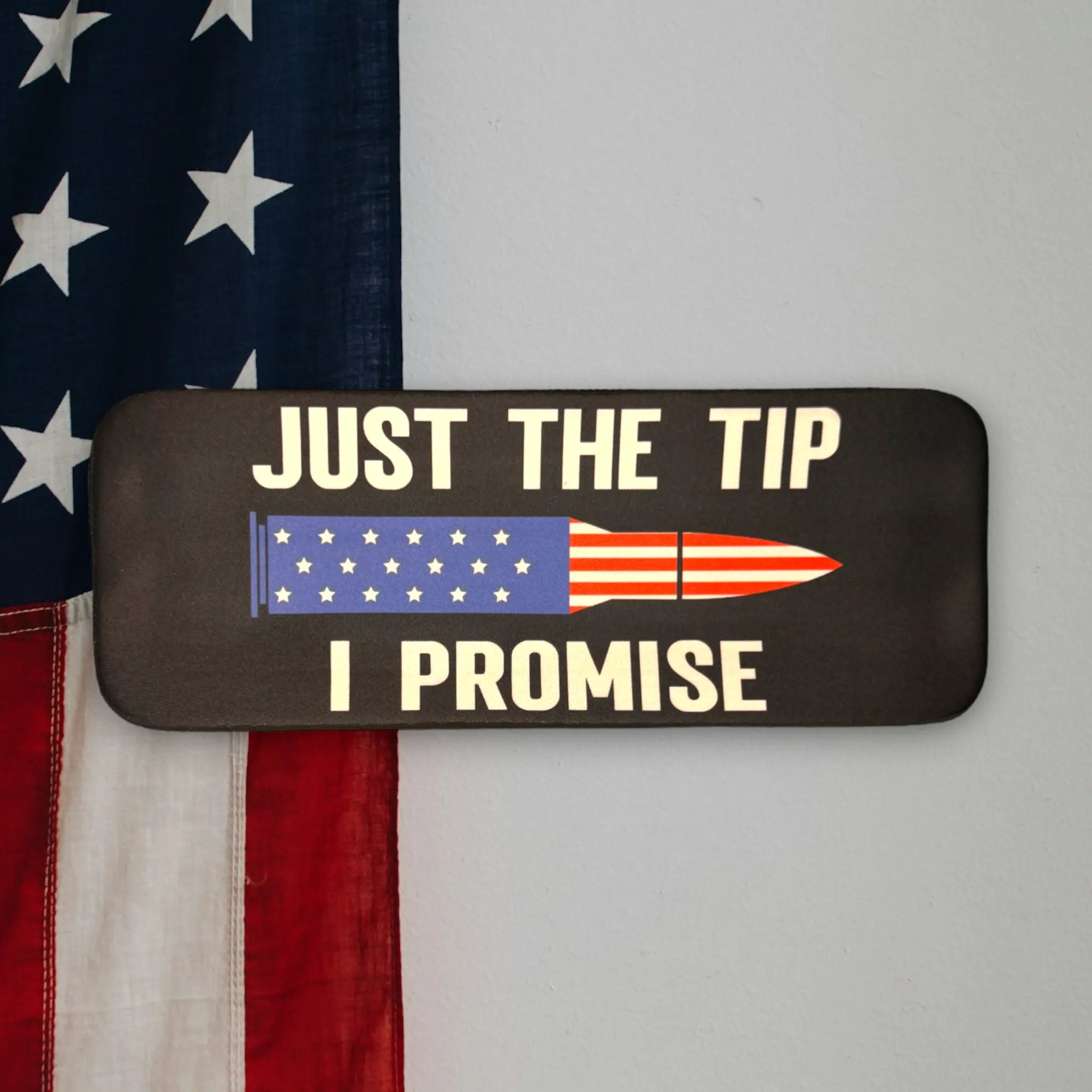 Patriotic slap wrap koozie featuring “Just the Tip I Promise” saying, reusable drink insulator for cans or bottles