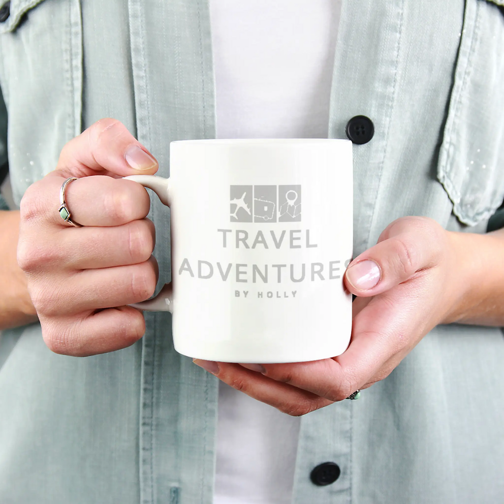 Customizable coffee mug with personalized text or logo, white ceramic mug for custom drinkware