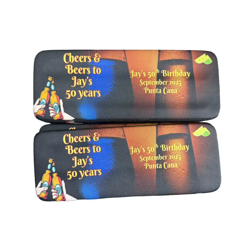 Personalized full color slap wrap koozies for birthday party with custom name and date - can cooler party favor perfect for celebrations
