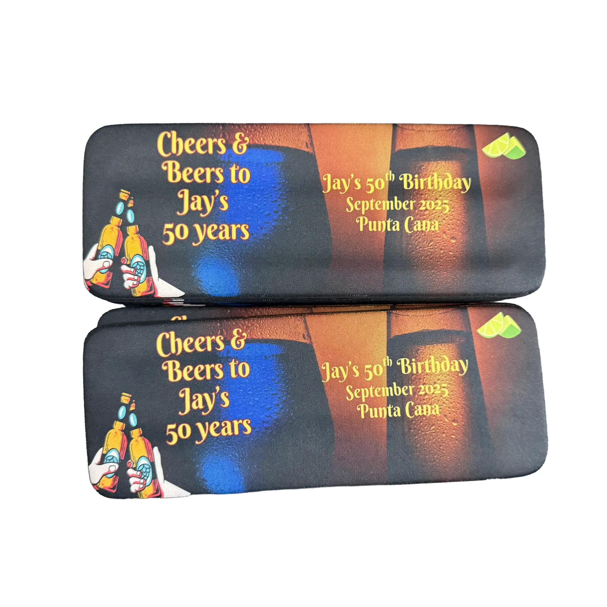 Personalized full color slap wrap koozies for birthday party with custom name and date - can cooler party favor perfect for celebrations