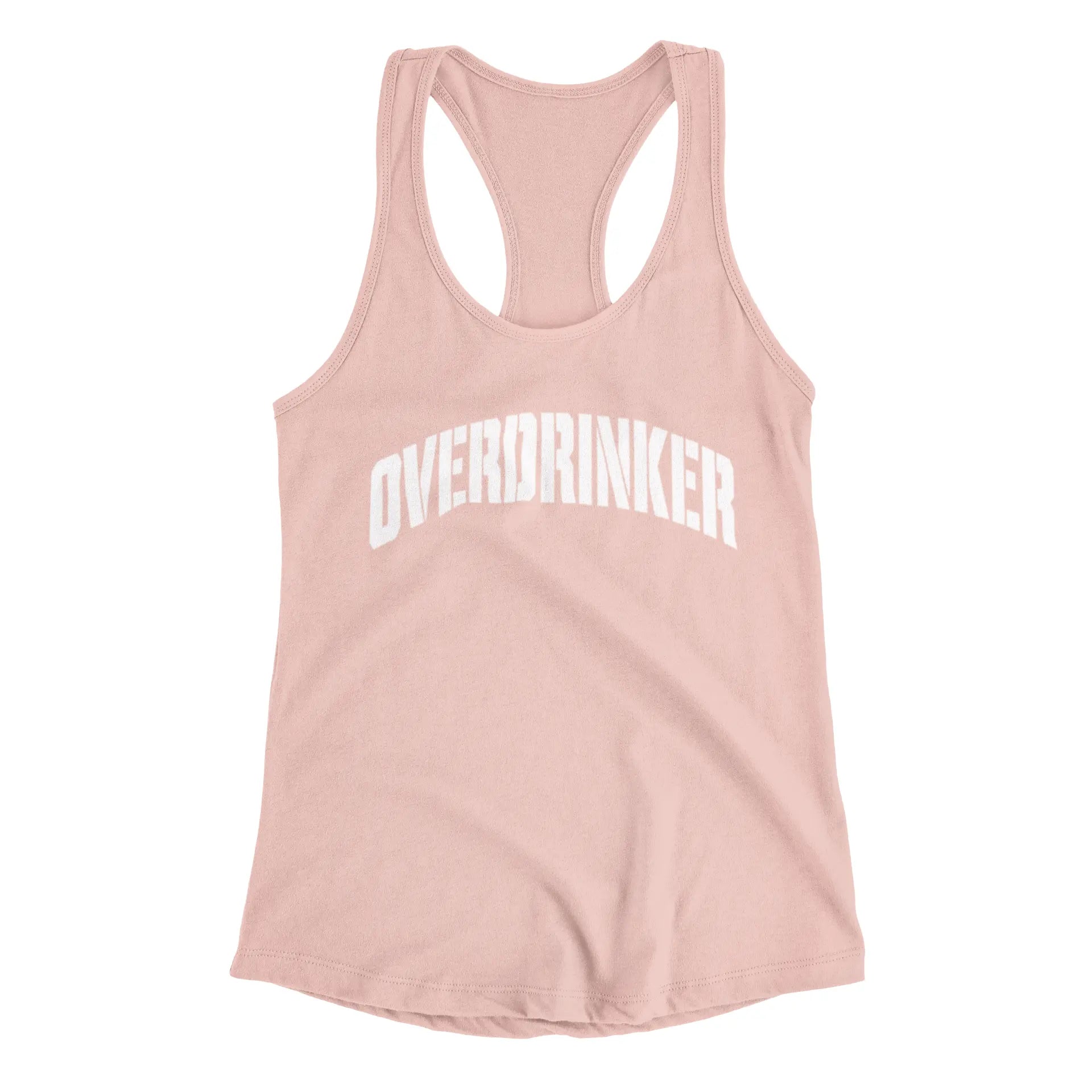 Pink tank top with 'OVERDRINKER' text on a white background