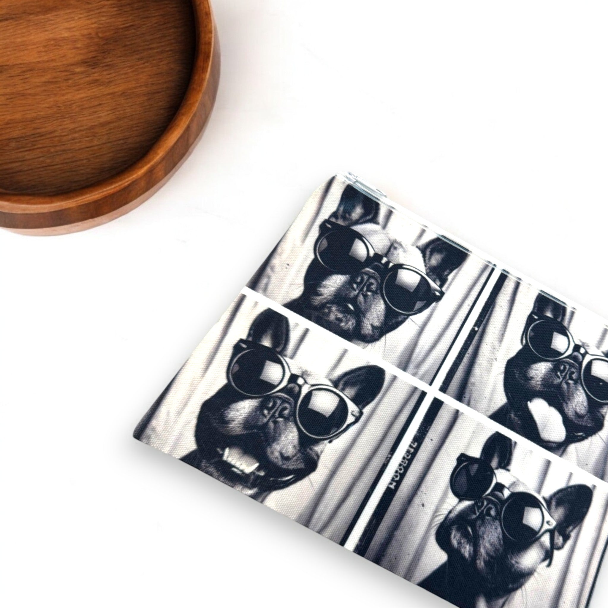 French Bulldog photo booth print canvas makeup bag, 9x7 inches, perfect for organizing your chaos with a side of attitude. lay flat