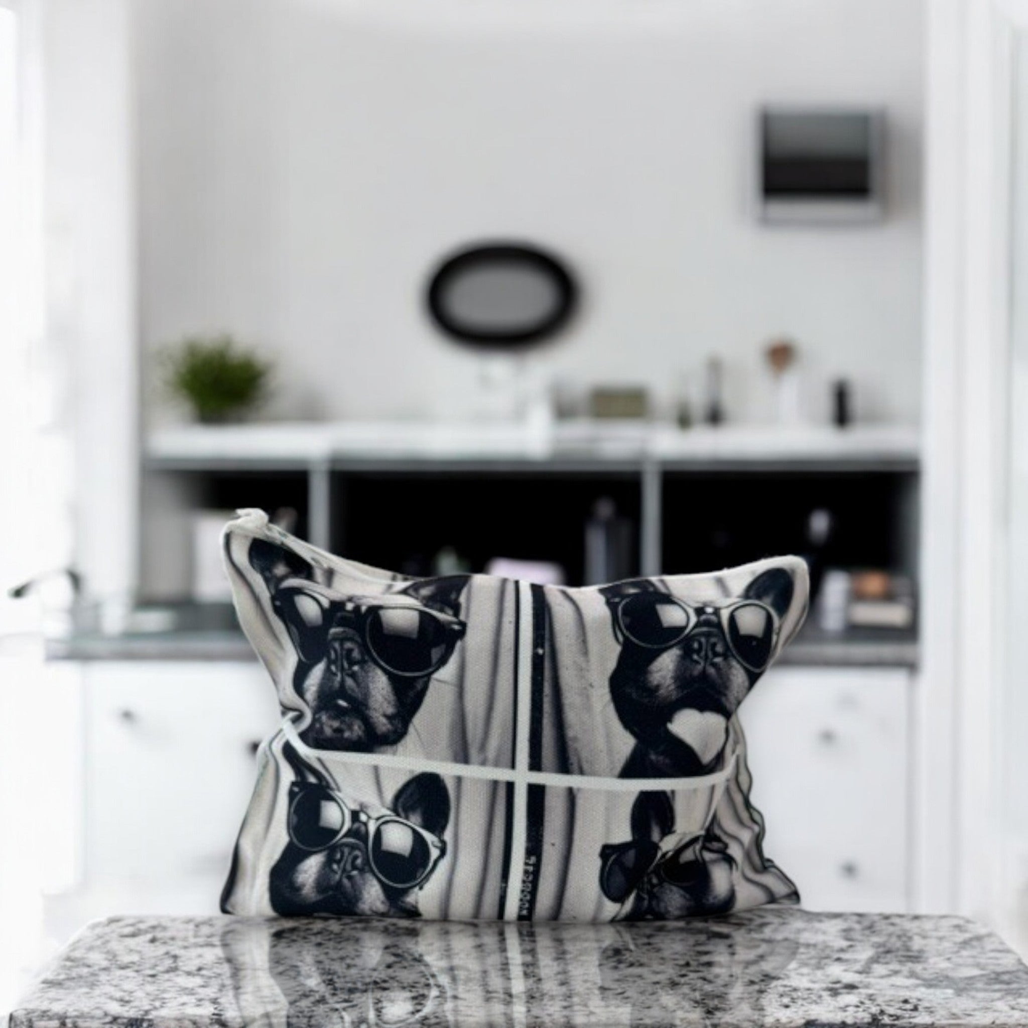 counter top French Bulldog photo booth print canvas makeup bag, 9x7 inches, perfect for organizing your chaos with a side of attitude.