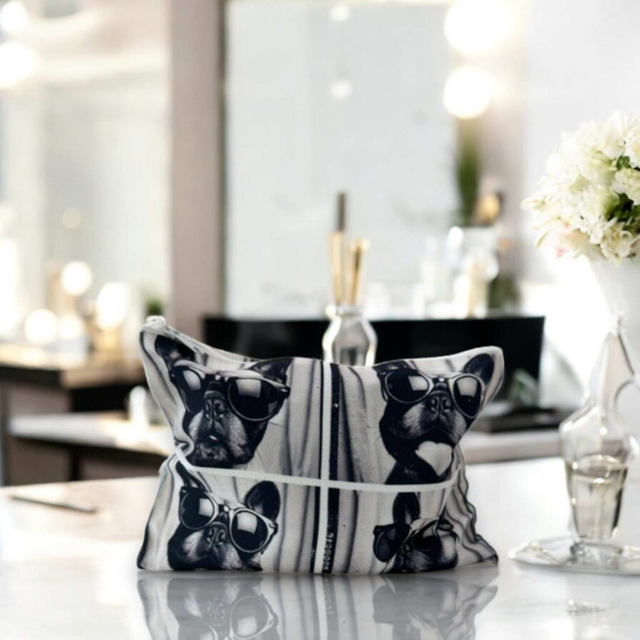 Counter with flowers French Bulldog photo booth print canvas makeup bag, 9x7 inches, perfect for organizing your chaos with a side of attitude.