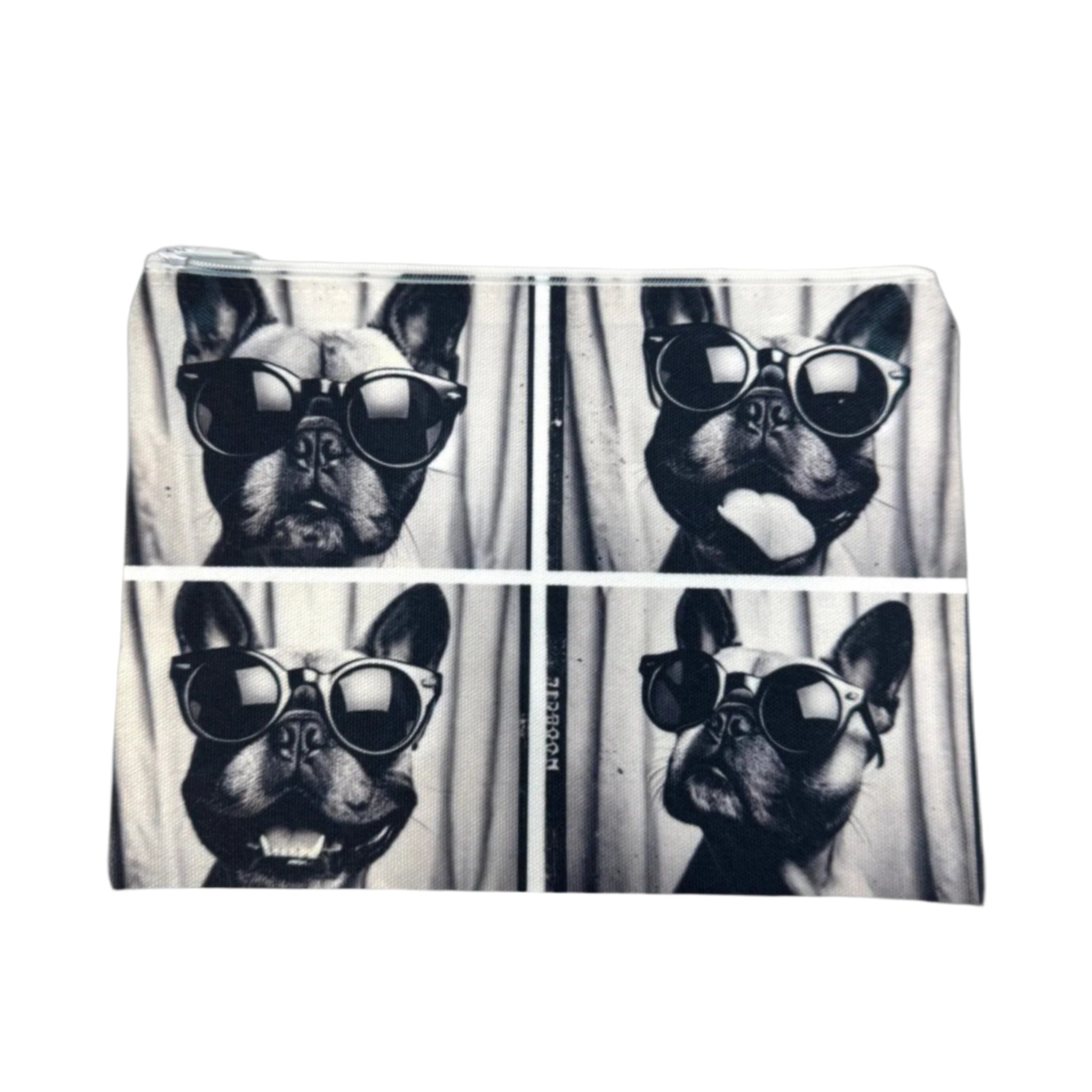 French Bulldog photo booth print canvas makeup bag, 9x7 inches, perfect for organizing your chaos with a side of attitude. white