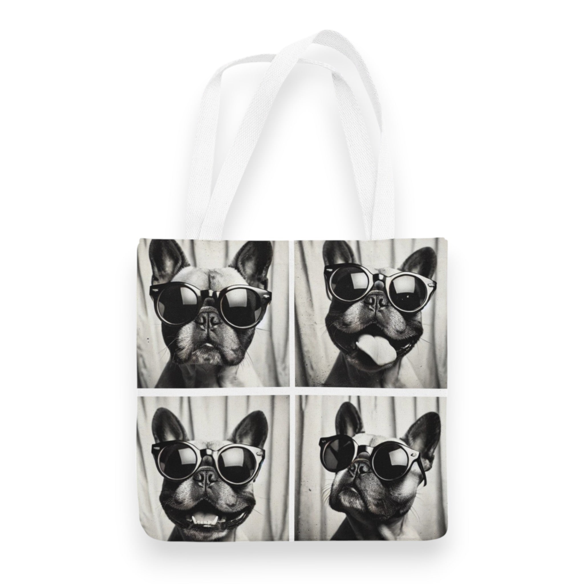 French Bulldog photo booth print cotton tote bag, 16x14 inches, perfect for everyday use with a side of attitude. white