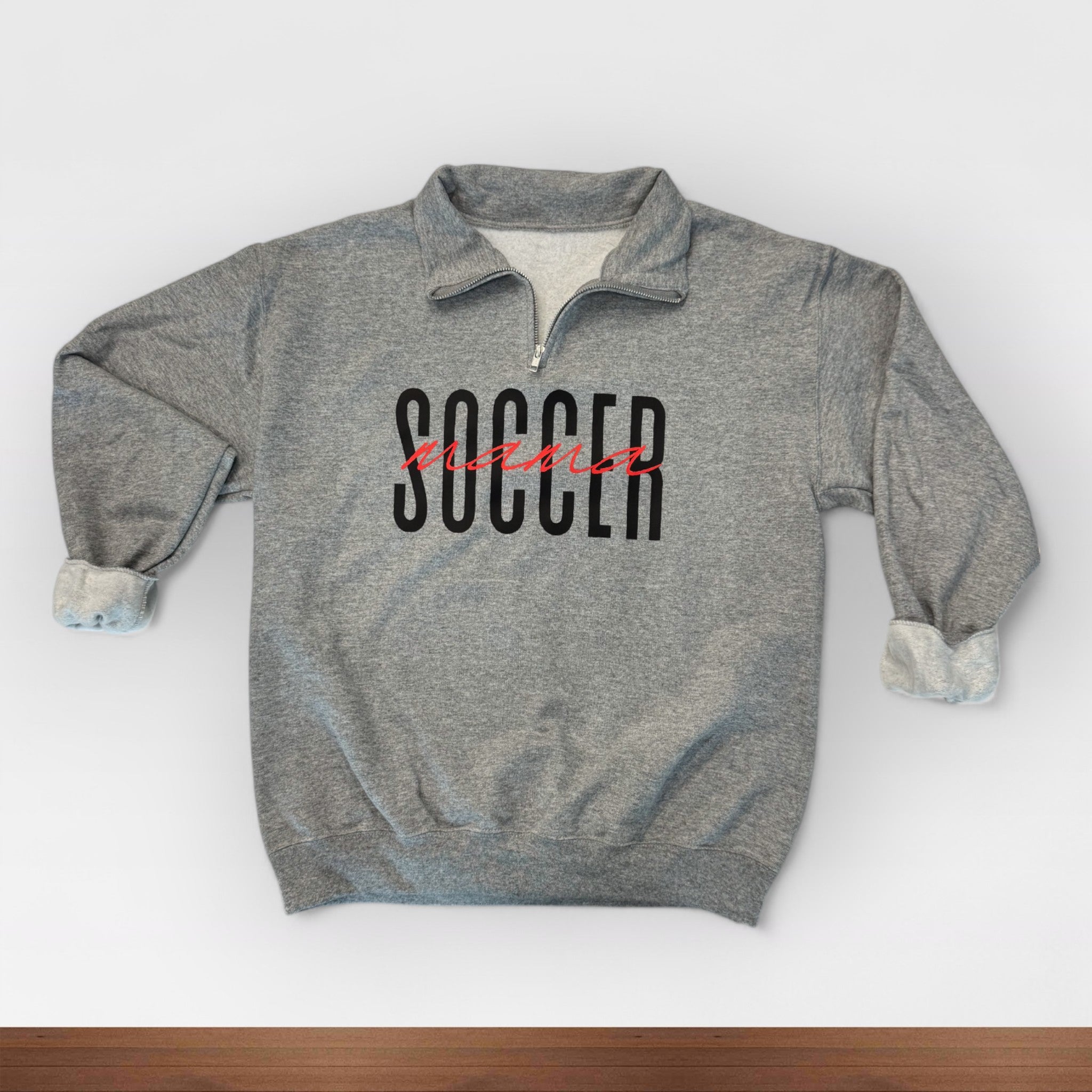Dark Gray Customizable 'Sports Mama' 1/4 zip pullover for soccer moms and sports fans, featuring a soft fabric and stylish design, perfect for game days any sport.