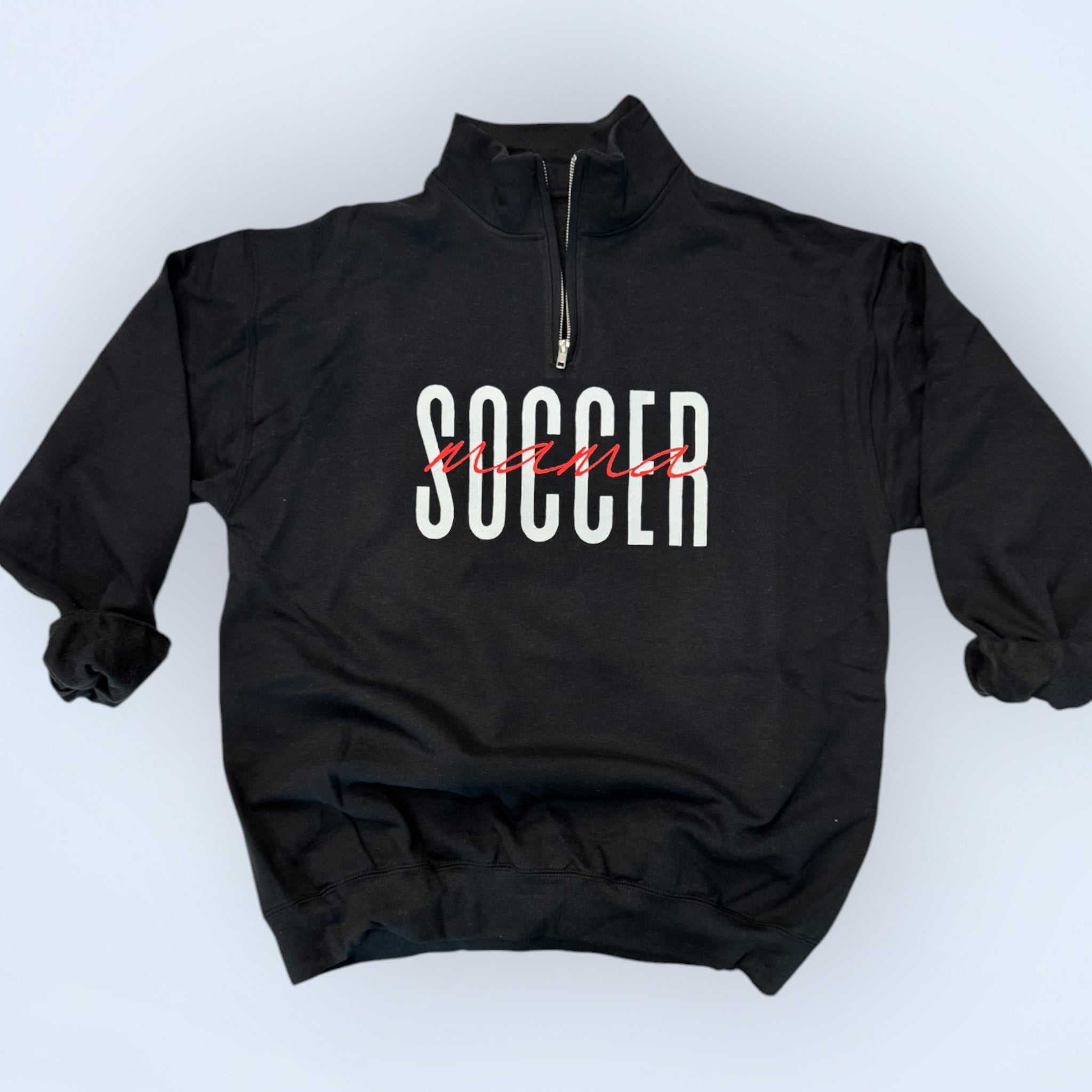 Black Customizable 'Sports Mama' 1/4 zip pullover for soccer moms and sports fans, featuring a soft fabric and stylish design, perfect for game days.