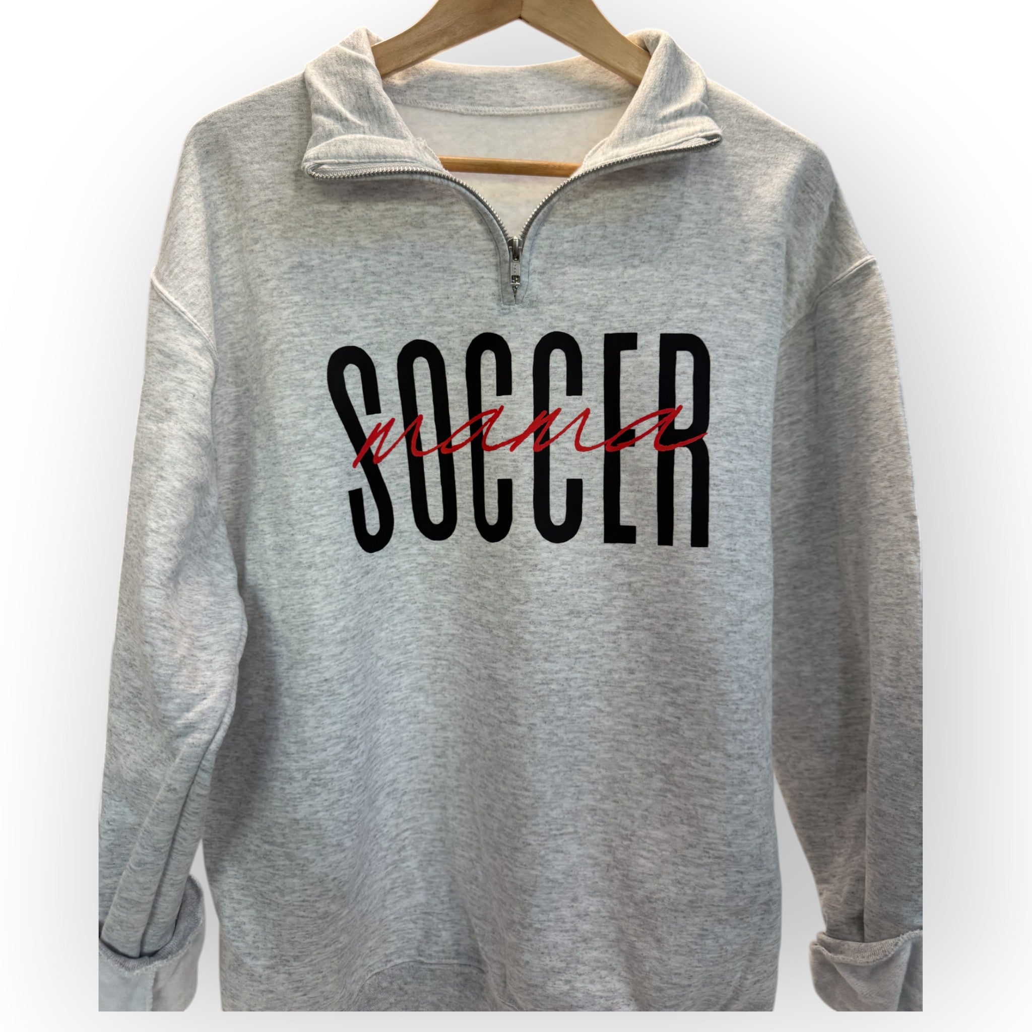 hanging ash Customizable 'Sports Mama' 1/4 zip pullover for soccer moms and sports fans, featuring a soft fabric and stylish design, perfect for game days.